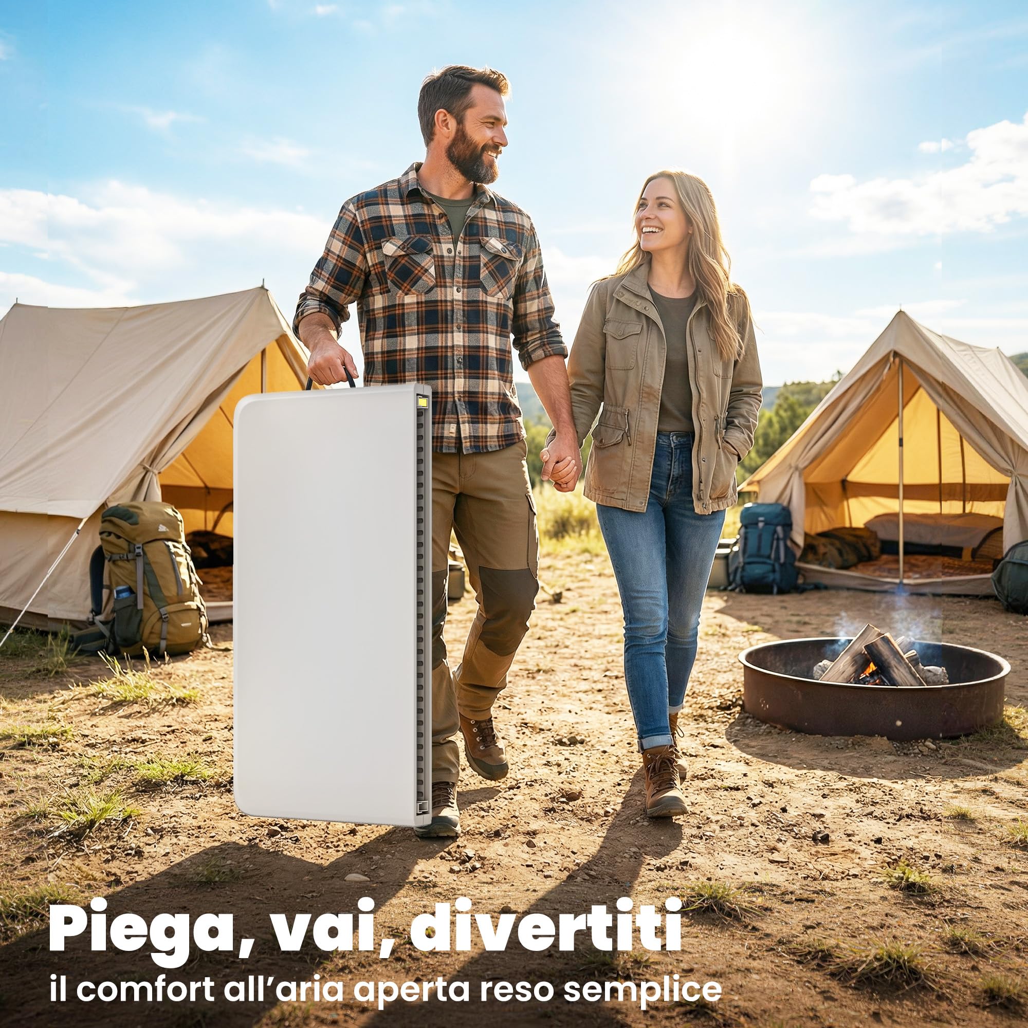 Outsunny Tavolo da Campeggio Pieghevole Quadrato 86x86x74 cm Bianco