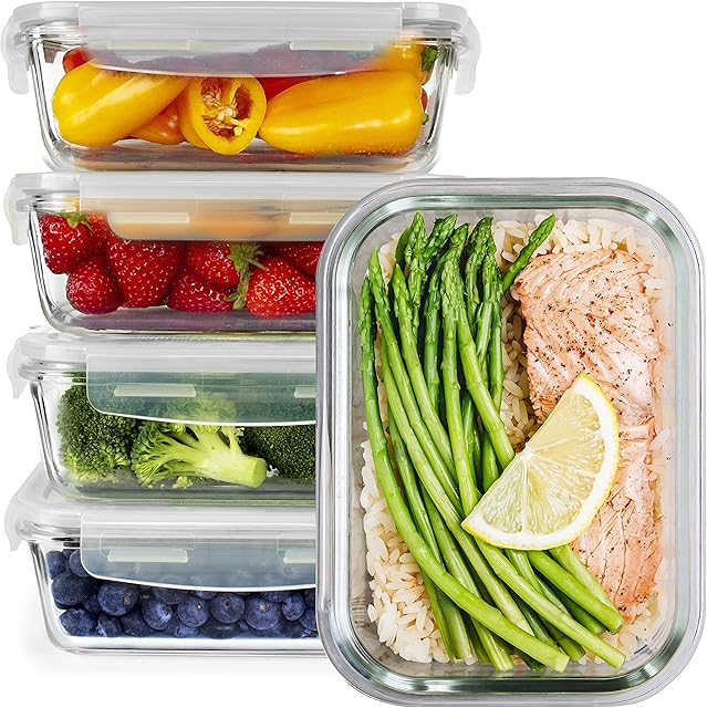 Glass Meal Prep Containers - [5 Pack] glass containers with lids - glass storage containers with lids airtight - food prep containers with lids - glass food containers with lids - Glass lunch box