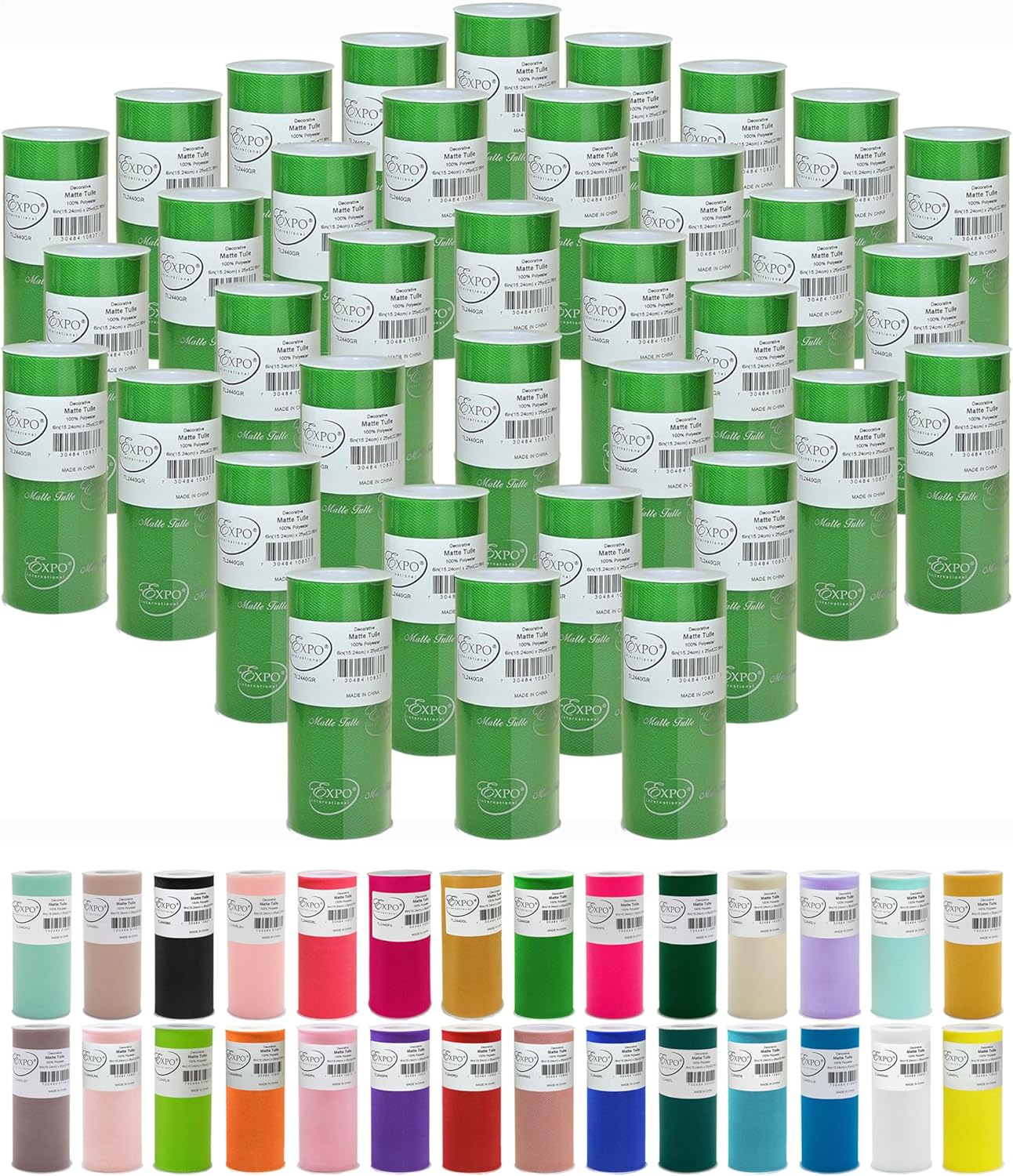 Expo International Decorative Matte Tulle, Lightweight Polyester Tulle Fabric for Tutus, Costumes, and Party Decorations, Washable, Easy-to-Use, 6 Inch x 25 Yards, Green Multi, Pack of 36