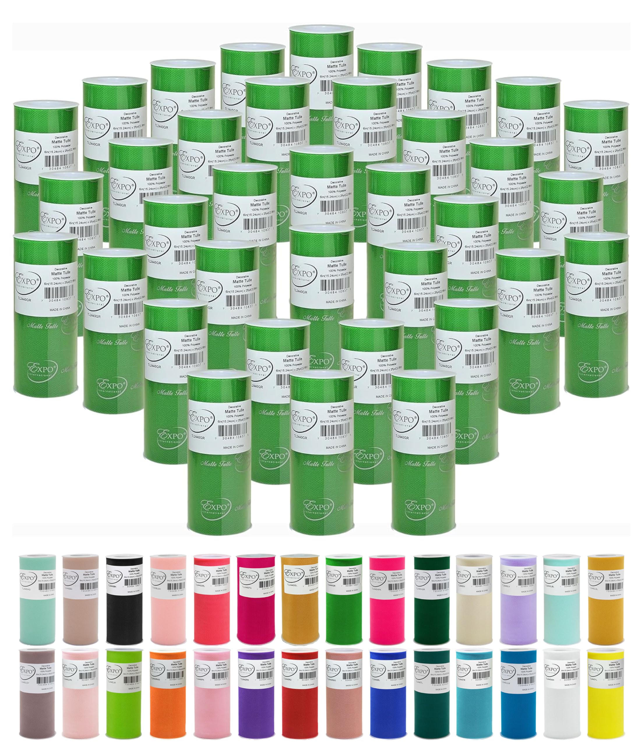 Expo International Decorative Matte Tulle, Lightweight Polyester Tulle Fabric for Tutus, Costumes, and Party Decorations, Washable, Easy-to-Use, 6 Inch x 25 Yards, Green Multi, Pack of 36