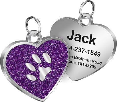 Custom Engraved Heart Shape Dog Tags & Cat Tags Laser Engraving on The Back Side,Easy to Read & Durable Purple