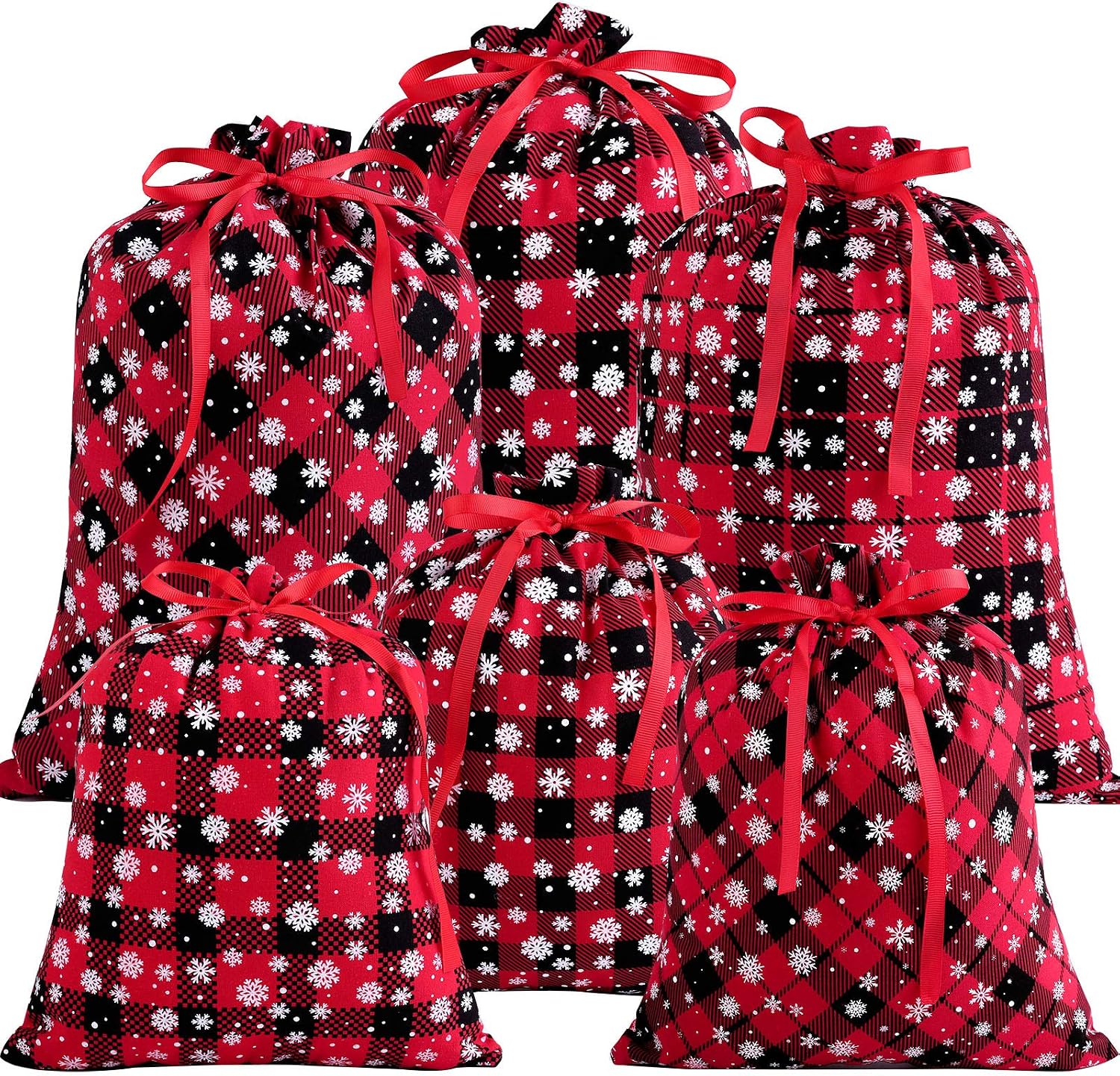 Aneco 6 Pack Christmas Buffalo Plaid Bags with Snowflake Pattern Holiday Cotton Present Bags Gift Wrapping Drawstring Bag Treat Bag for Christmas Party Favor Supplies