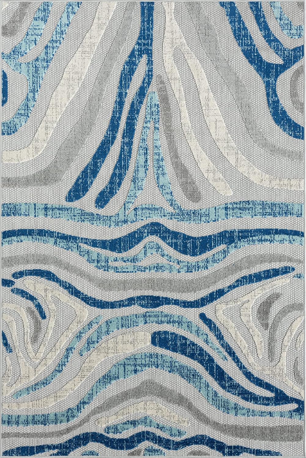 Abani Grey Blue Contemporary Zebra Print Area Rug Rugs - Multicolor Non-Shed 5'3" x 7'6" (5x8) Animal Pattern Blue & Brown Indoor/Outdoor Rug