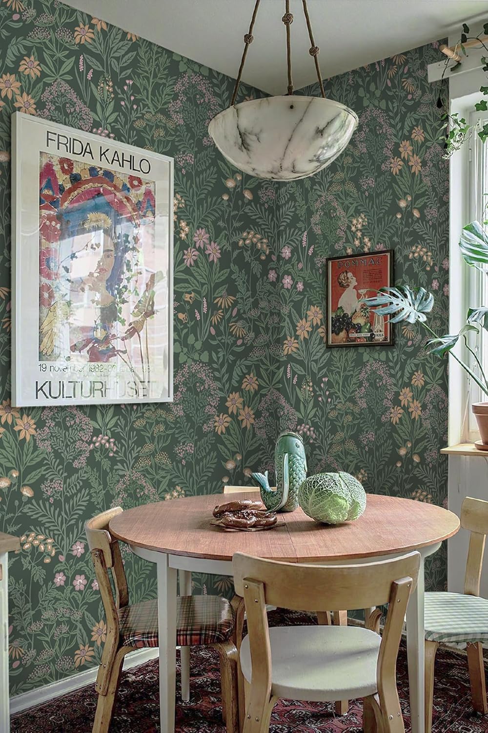 Safiyya Green Floral Peel and Stick Wallpaper Boho Vintage Contact Paper Botanical Farmhouse Wall Paper Removable Self Adhesive Wallpaper for Bathroom and Bedroom 17.3" x 78.7"