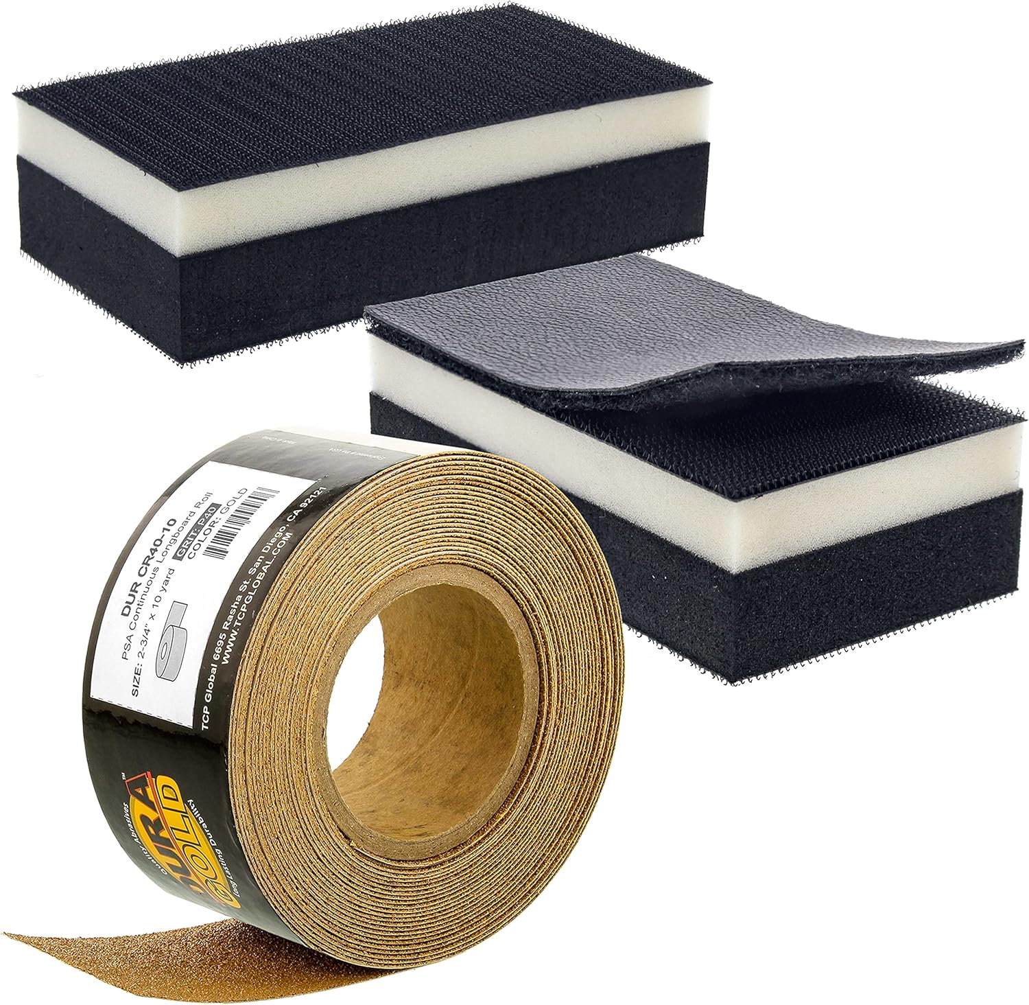 Dura-Gold Pro Series Rectangle 5" x 2-3/4" Dual Density 2 Sided EVA Sanding Block, Hook & Loop Backing, 2 Pack - PSA Adapter Pad & 40 Grit PSA Longboard Sandpaper 20 Yard Roll, 2-3/4" Wide