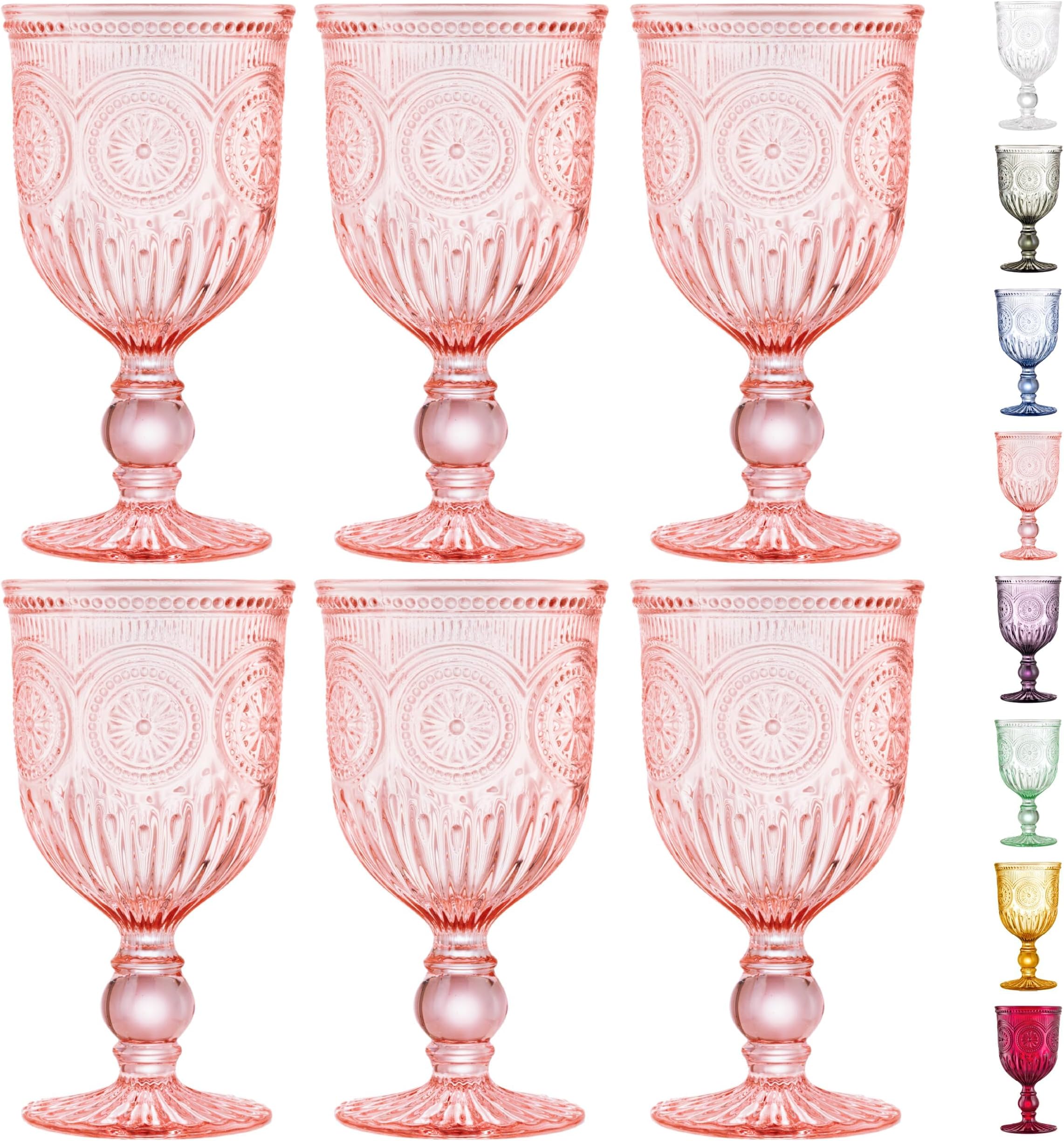 Pink Wine Glasses Set of 6 Vintage Hobnail Goblets 10 oz Transparent Glassware with Stems Dishwasher Safe
