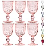 Pink Wine Glasses Set of 6 Vintage Hobnail Goblets 10 oz Transparent Glassware with Stems Dishwasher...