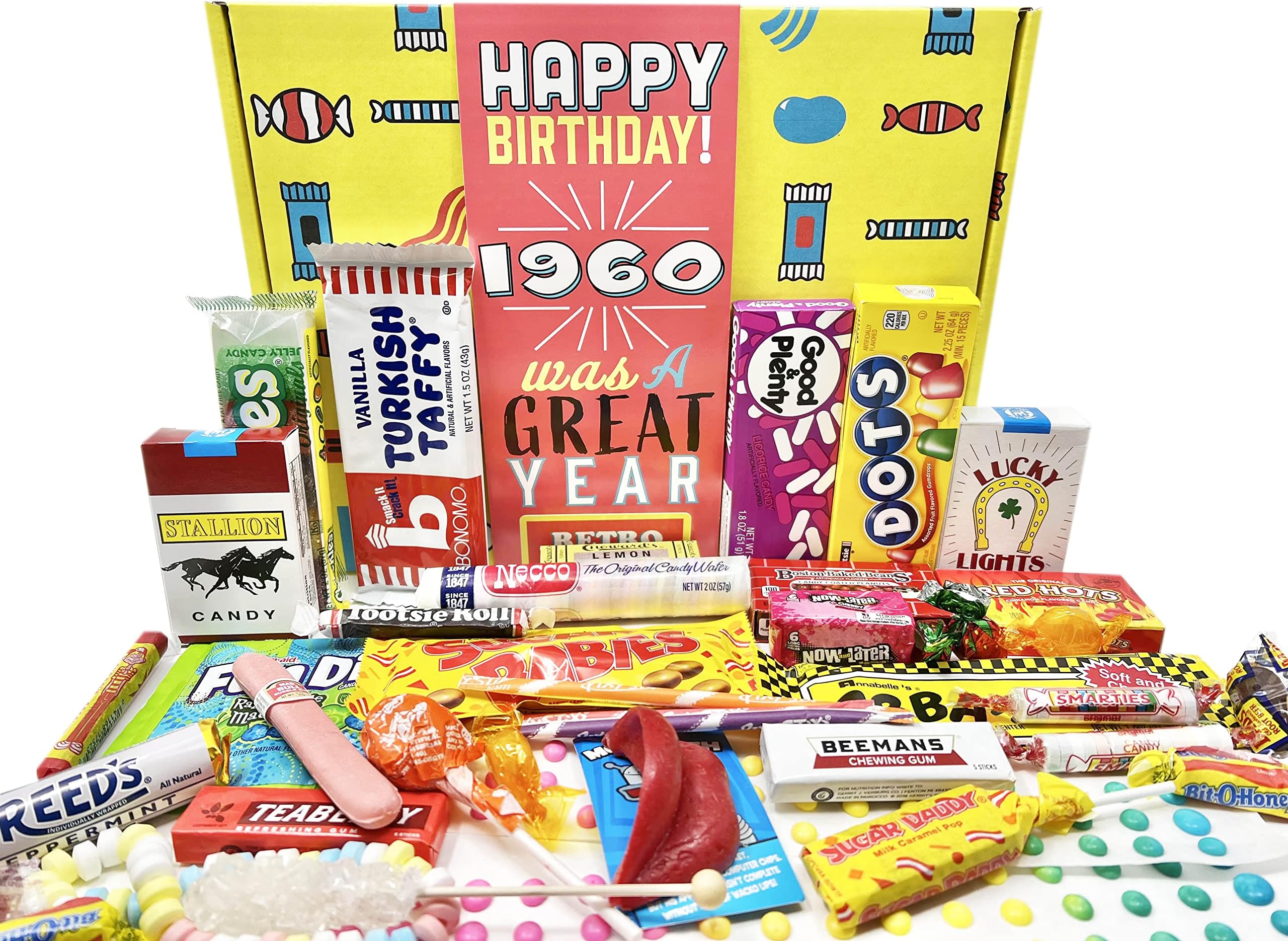 RETRO CANDY YUM ~ 1960 65th Birthday Candy Decade Box - 65th Birthday Gift Box Assortment Basket for Man or Woman Turning 65 Years Old - Nostalgic Candies for Him or Her Born 1960