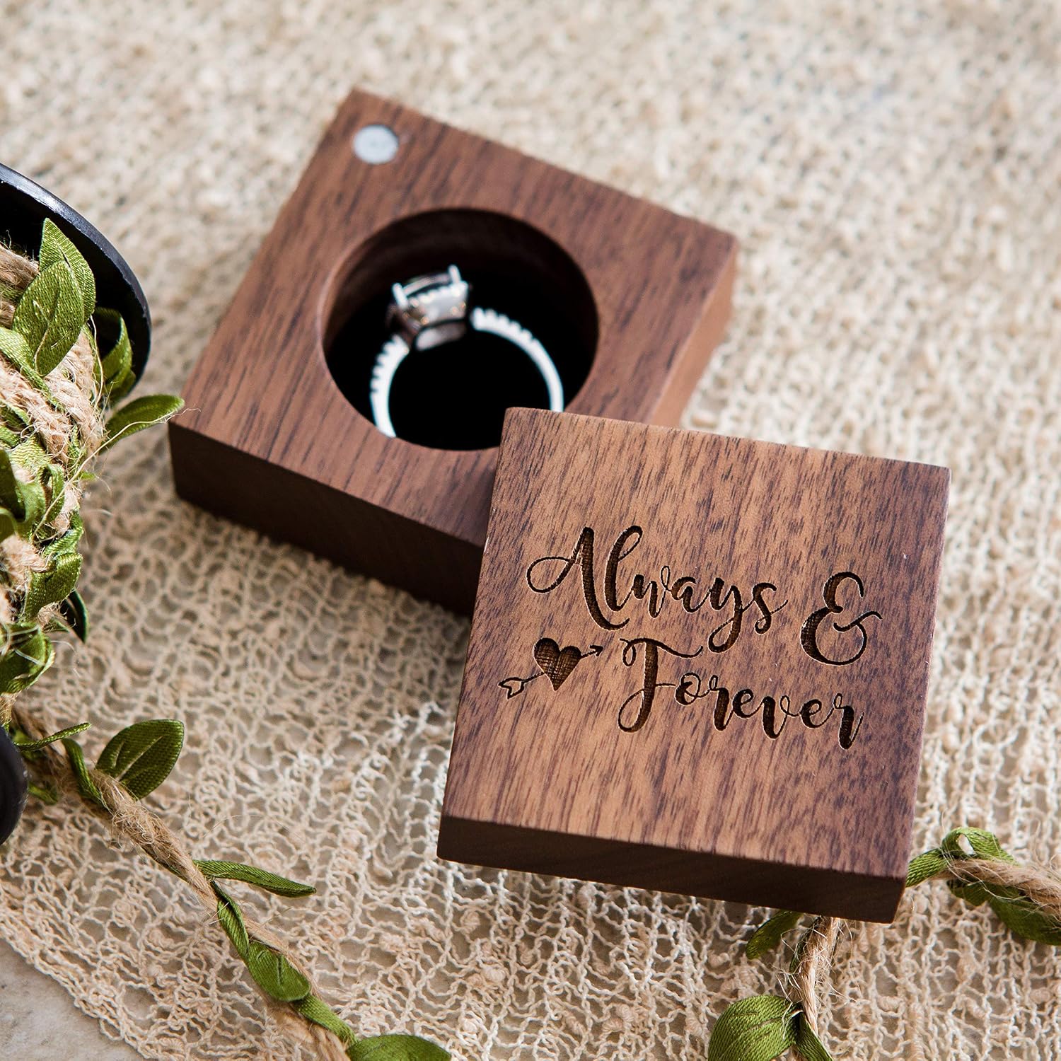 MUUJEE Always and Forever Ring Box - Engraved Wooden Ring Box for Wedding Ceremony Ring Bearer Box - Anniversary Birthday Gift Ideas