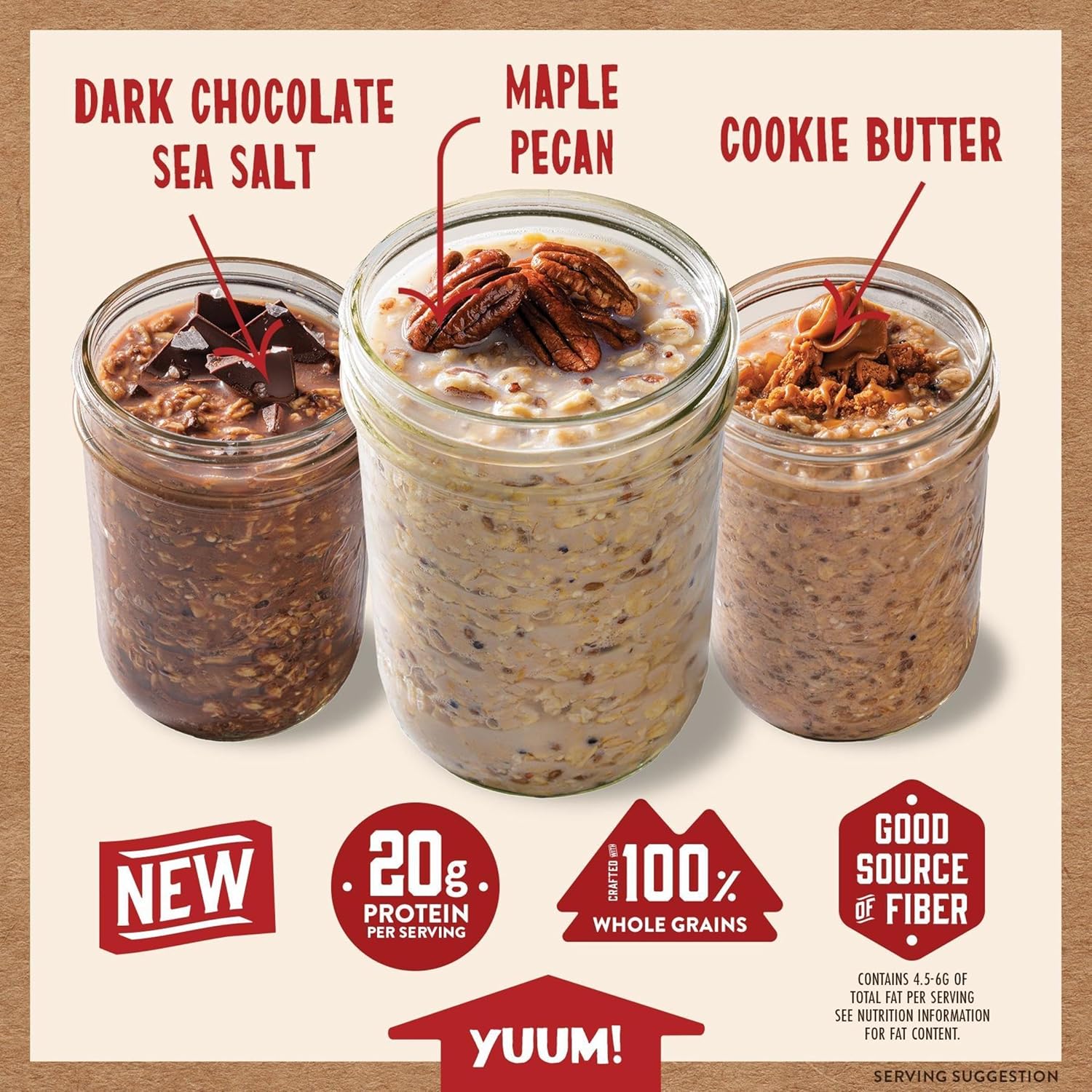 Kodiak Cakes Protein Overnight Oats Variety Pack - Cookie Butter, Dark Chocolate Sea Salt, Maple Pecan, 12 Count, High Protein