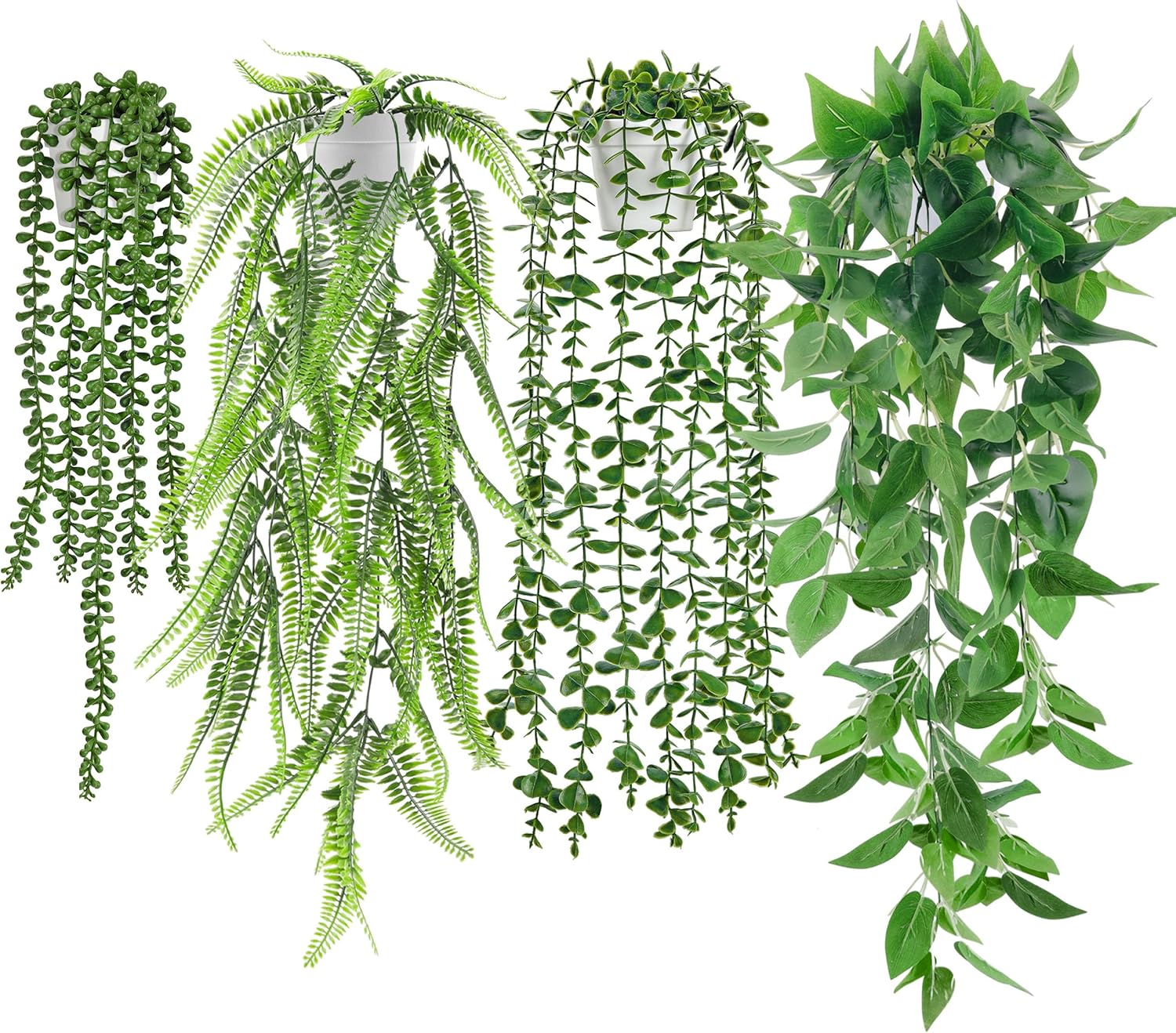 Der Rose 4Pcs Fake Plants Hanging Artificial Ivy Vine Faux Eucalyptus Hanging Plants, Boston Fern, String of Pearls for Living Room Bedroom Boho Wall Shelf Indoor Outdoor Decor (White Pots)