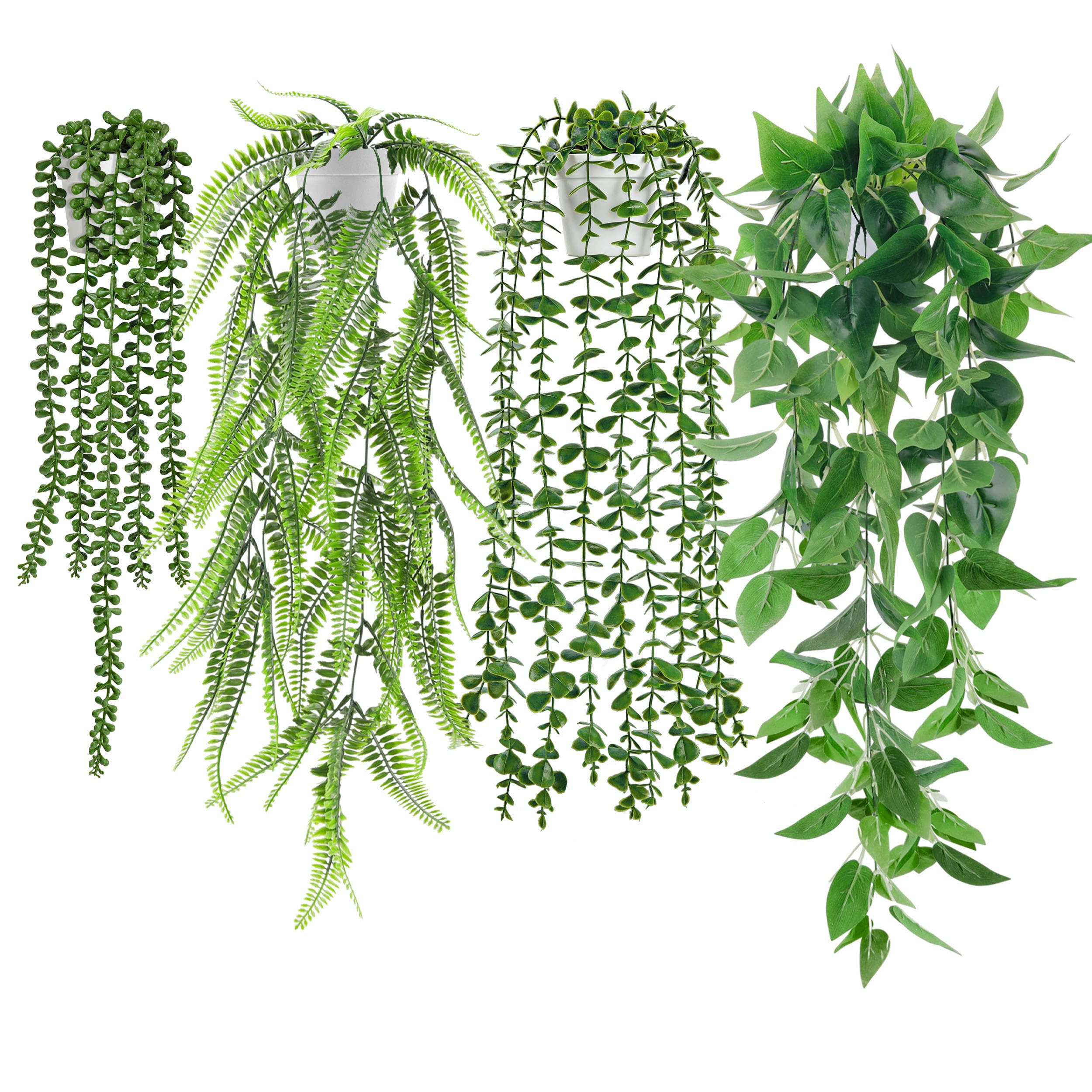 Der Rose 6 Packs Fake Plants Hanging with Pots Artificial Ivy Vine Faux Eucalyptus Hanging Plants, Boston Fern, String of Pearls for Home Room Wall Shelf Indoor Outdoor Decor