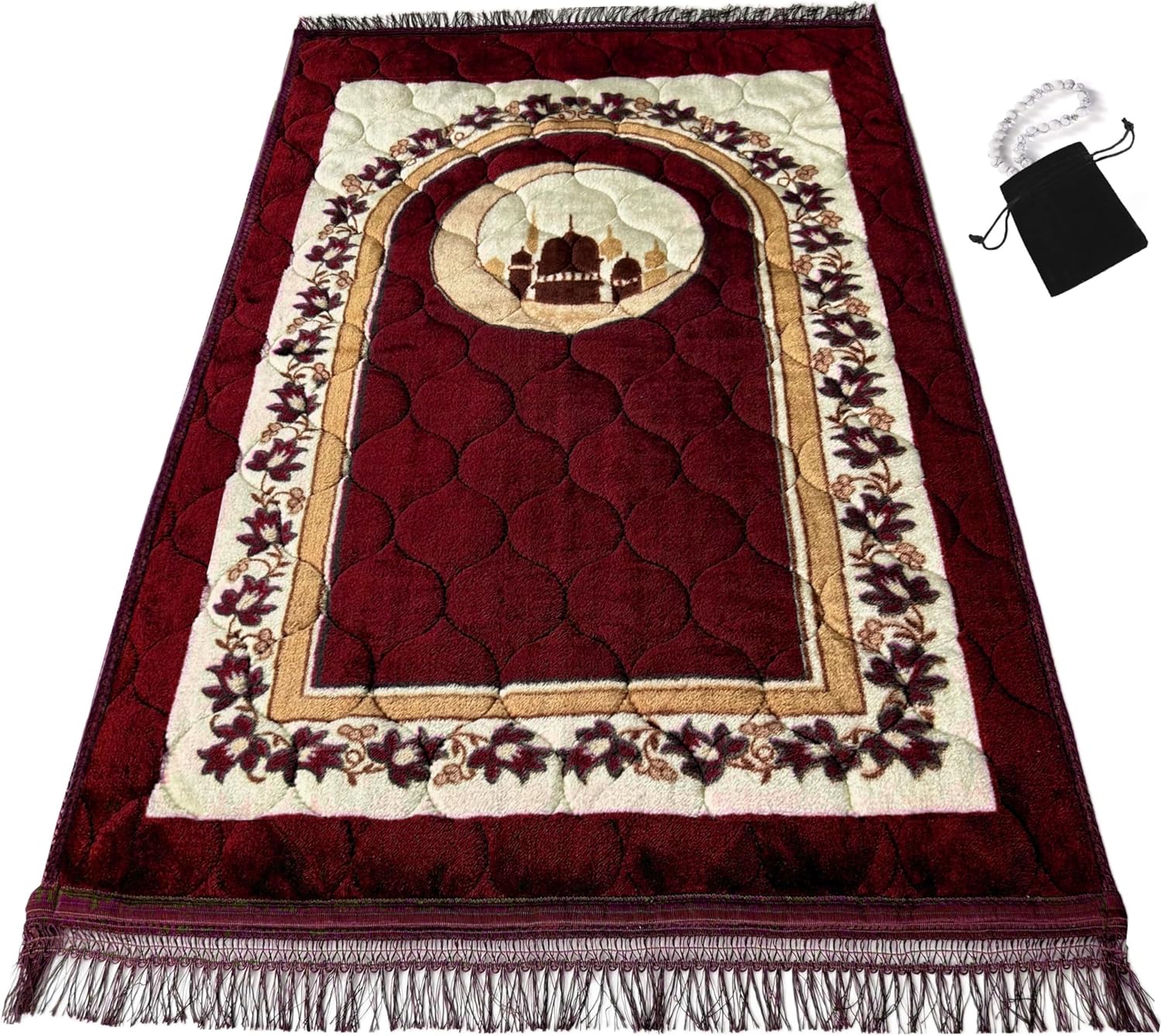 Prayer Rug Muslim Prayer Mat Islamic - Very Thick Prayer Rug Sajadah for Men Women with Islam Prayer Beads for Eid Travel Ramadan, Soft and Luxury (RED)