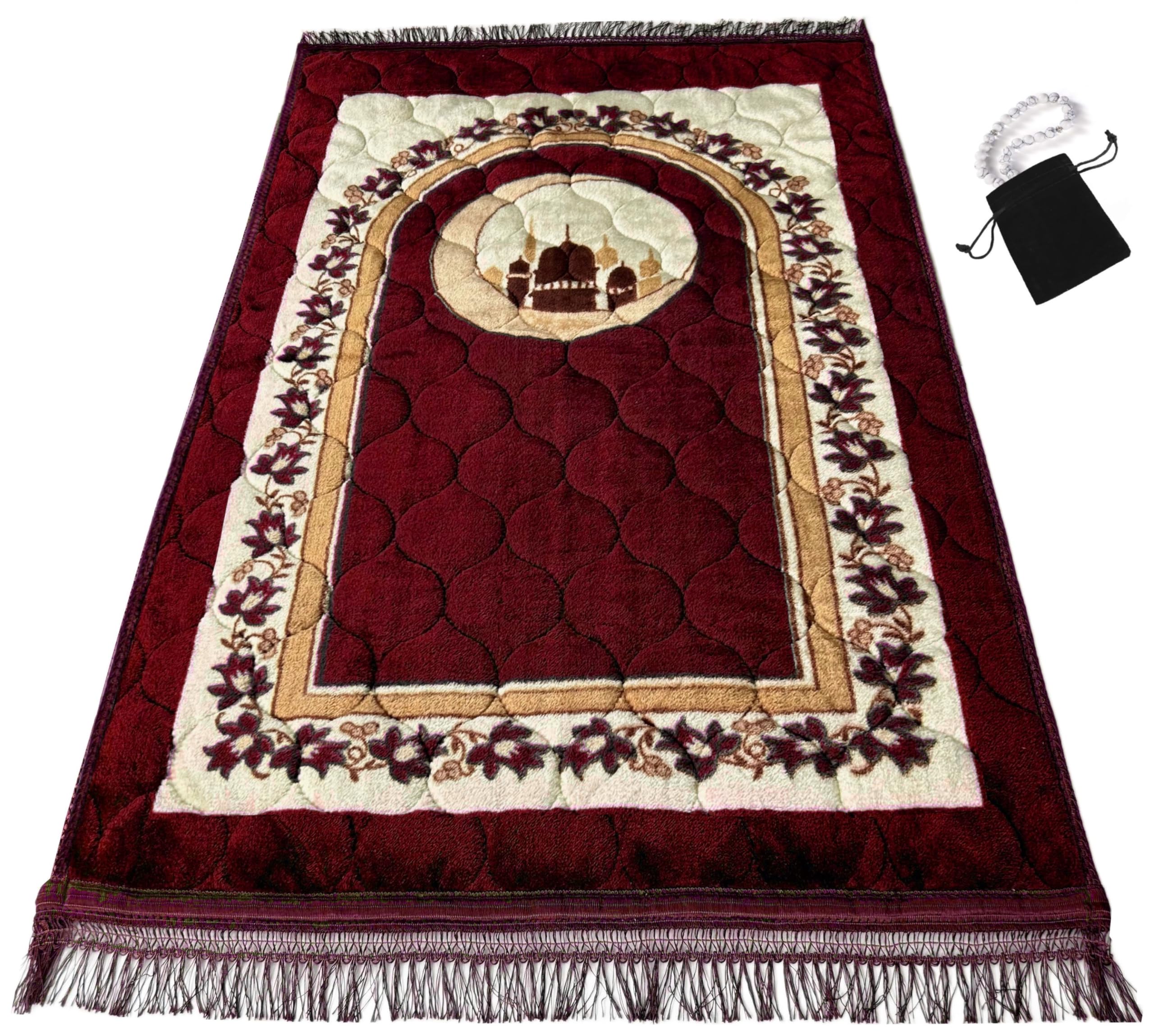 Prayer Rug Muslim Mat Islamic - Turkish Style ON Prayer Rug Sajadah for Kids Men Women with Islam Prayer Beads for Eid Travel Ramadan, Soft and Luxury (Purple N)