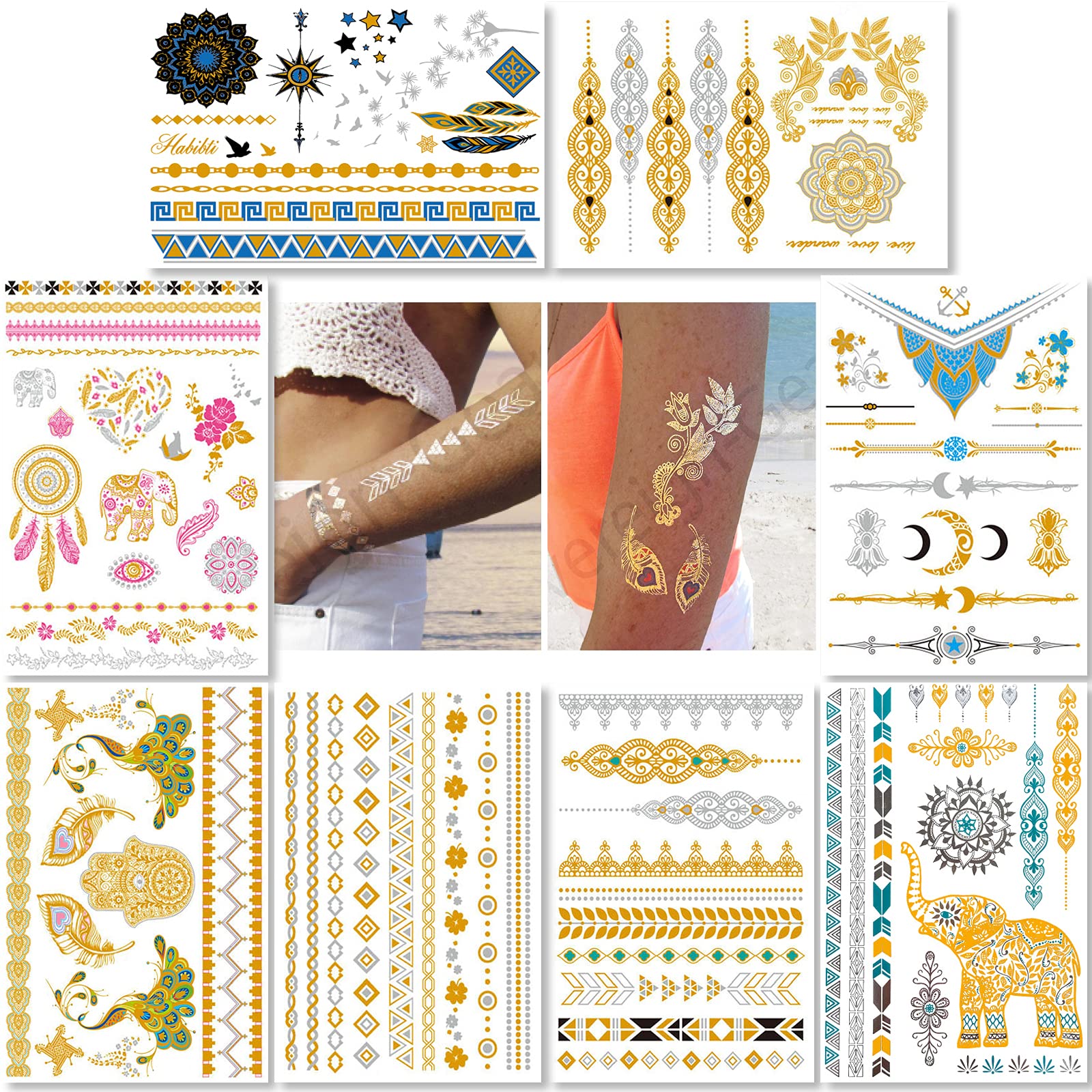 Metallic Temporary Tattoos for Women Teens Girls 8 Sheets Gold Silver