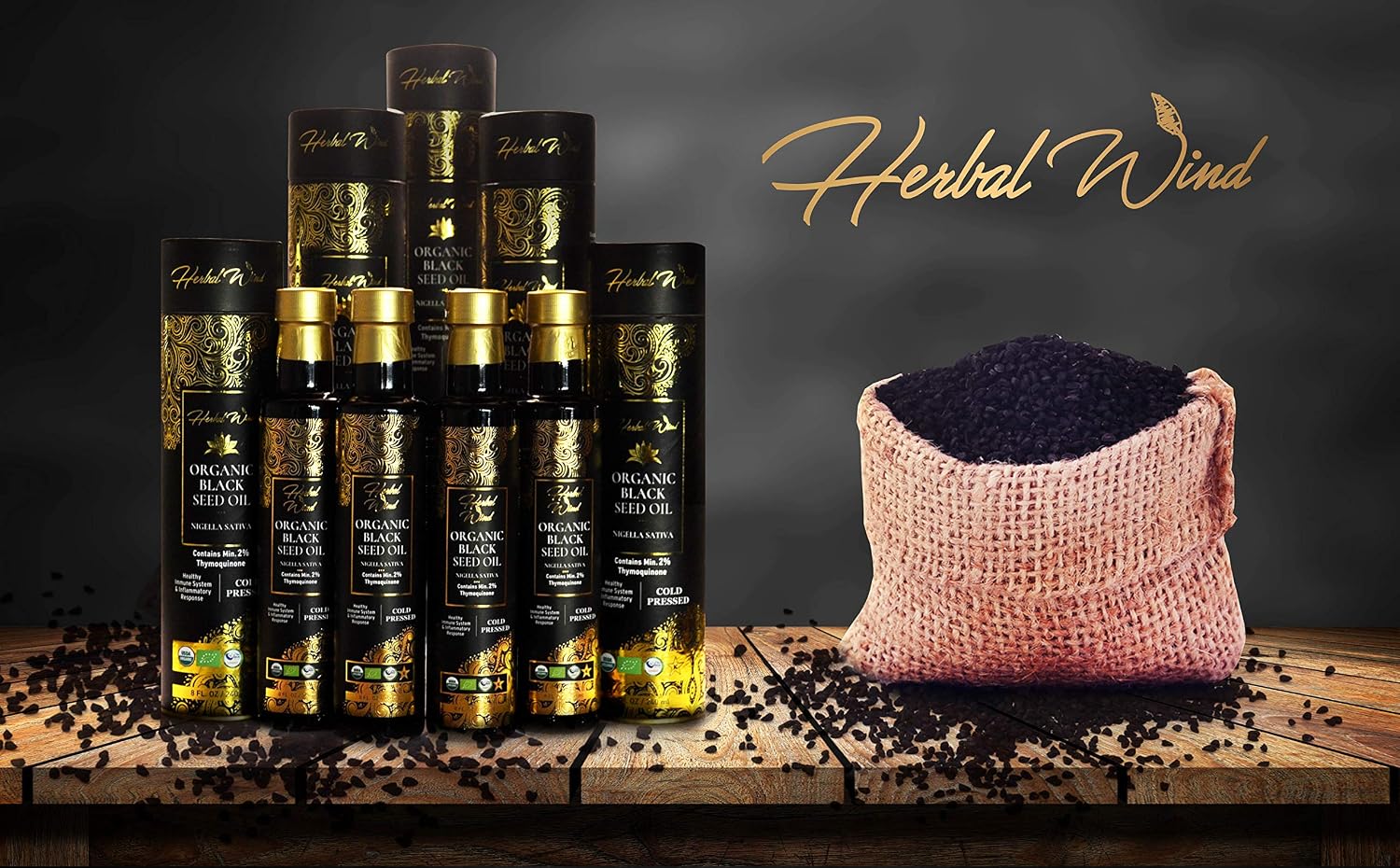 Herbal Wind Black Seed Oil: Cold Pressed USDA Organic Black Seed Oil Liquid - Turkish Nigella Sativa Black Cumin Seed Oil with Min. 2% Thymoquinone for Immune Support, Joint Health and More - 8 Fl Oz