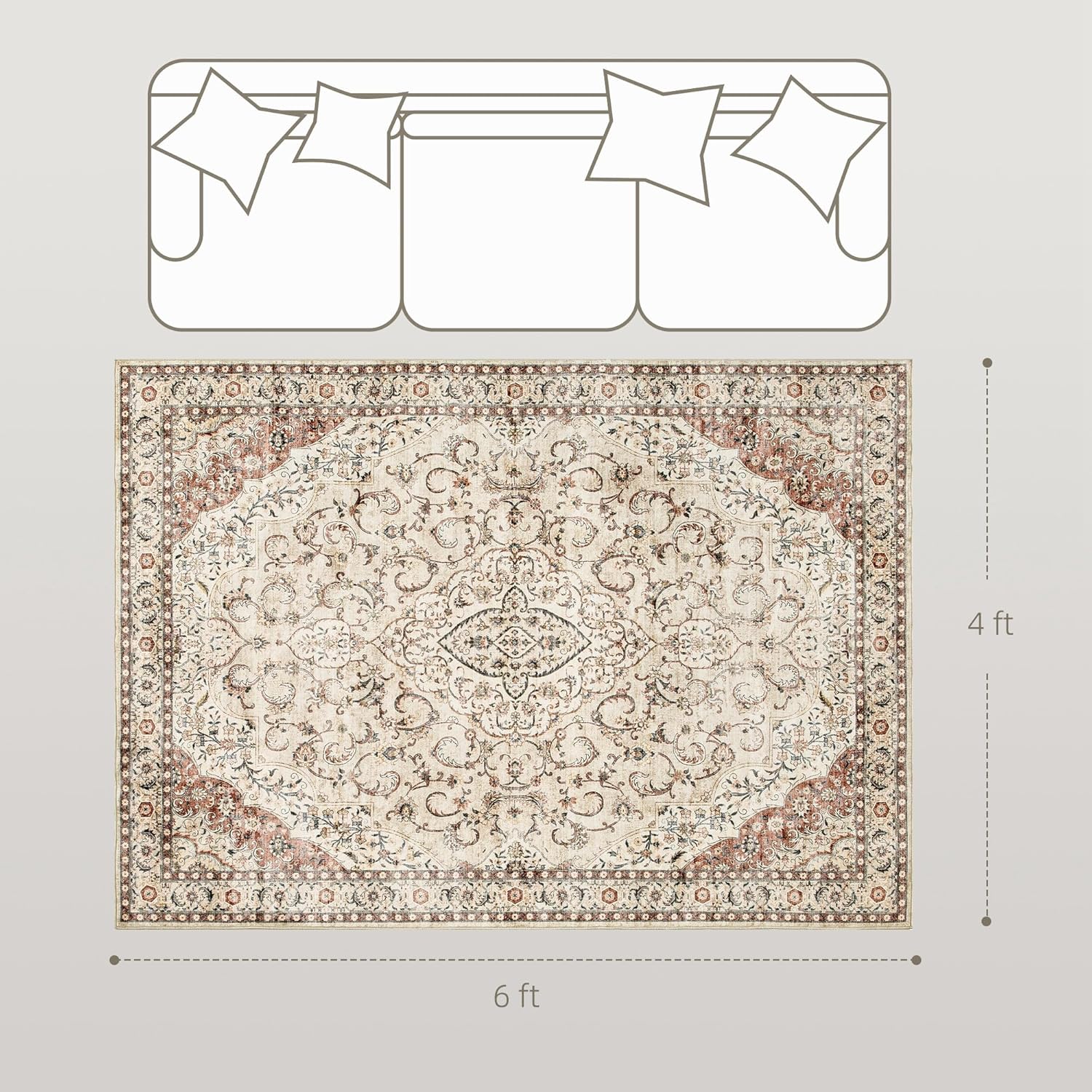 HOMCOM Machine Washable Area Rug, 4 x 6 Vintage Oriental Medallion Distressed Rugs for Living Room, Non-Slip Low Pile Boho Carpet for Bedroom Dining Room, Soft Printed Floor Mat, Mixed-Brown