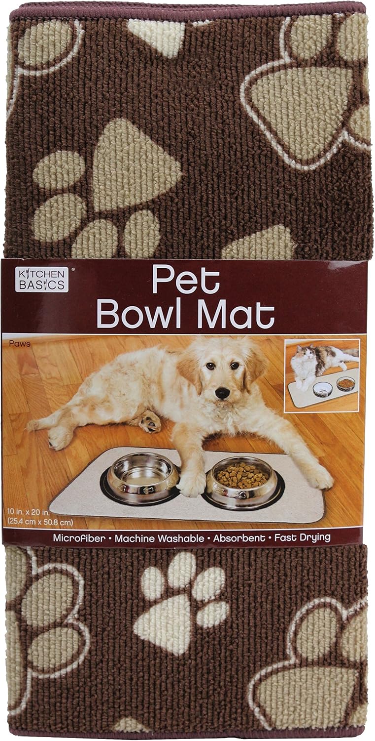 Kitchen Basics 583301 Microfiber Pet Bowl Mat, 10 Inch x 20 Inch, Brown Paws