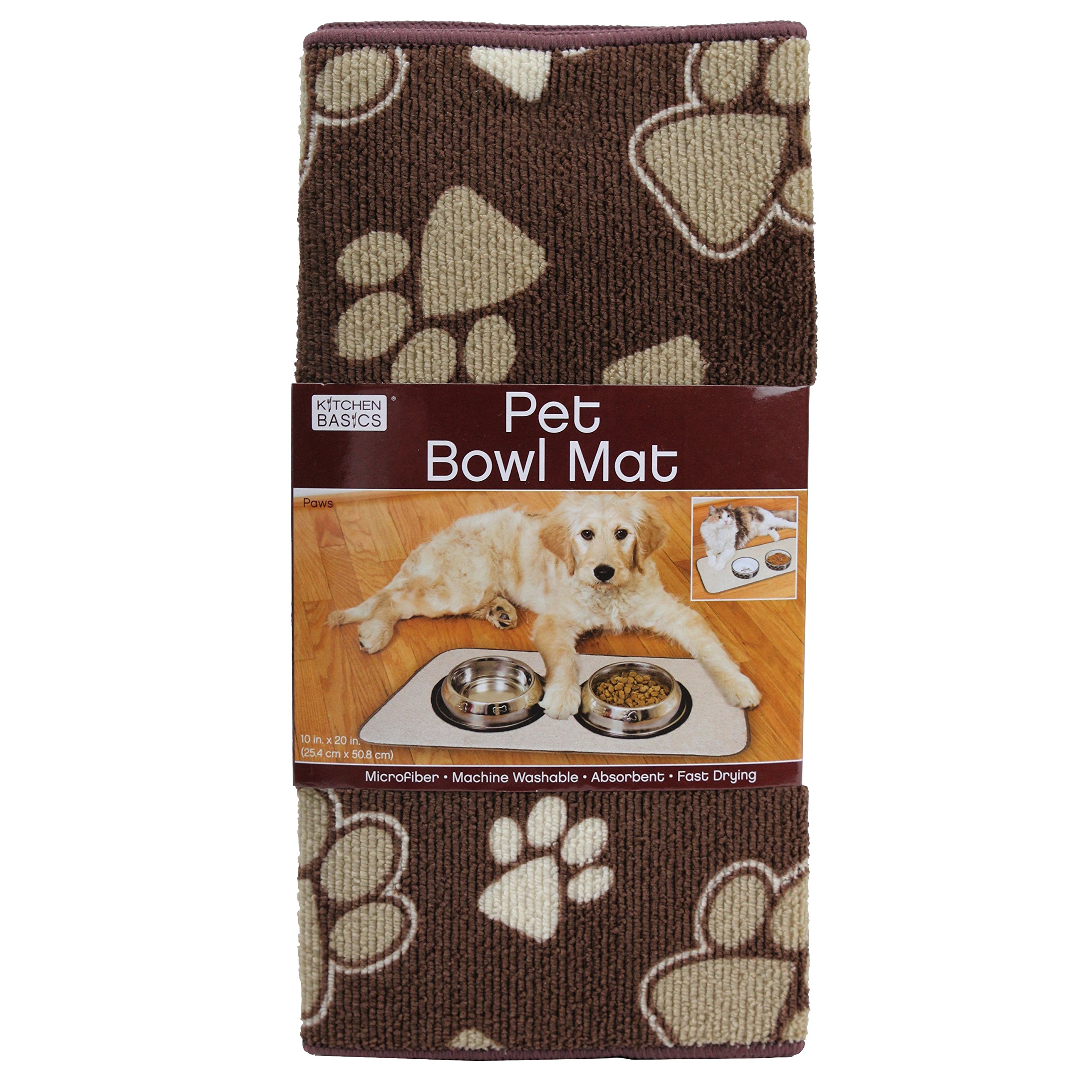 Kitchen Basics 583301 Microfiber Pet Bowl Mat, 10 Inch x 20 Inch, Brown Paws