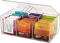 Caixa Porta Chá / Organizador de Sachês Com Divisórias 6 Compartimentos e Tampa Articulada em Acrílico Cristal / Transparente - Acribom