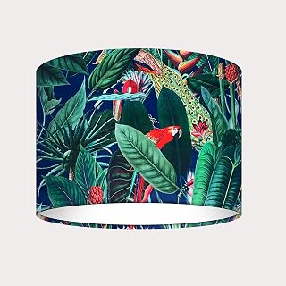 Dark Blue Parrot Peacock Tropical Jungle Leaves Velvet Drum Lampshade