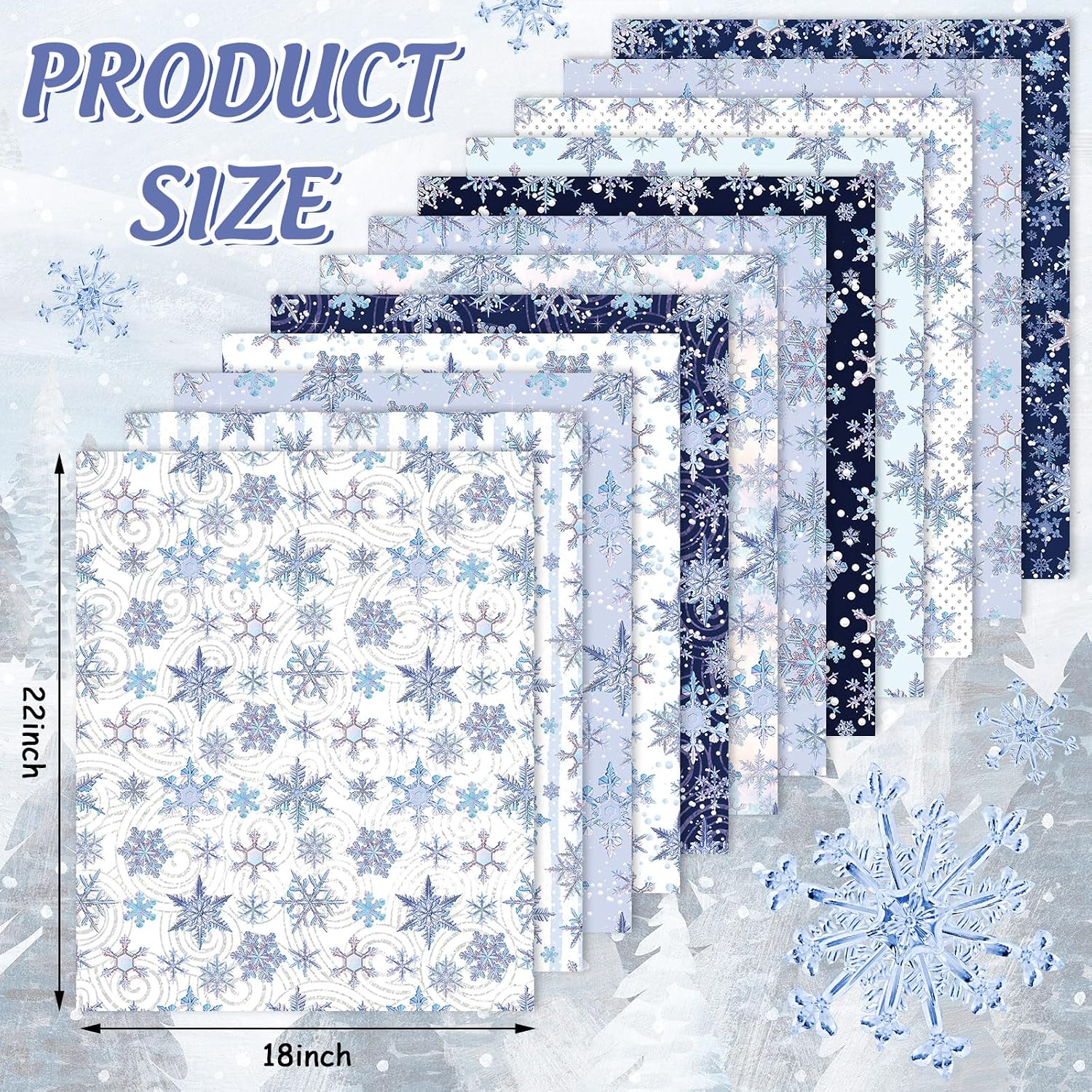 Whaline 12Pcs Snowflake Cotton Fabric Bundles Blue Purple Snowflake Fat Quarter Xmas Winter Quilting Patchwork for Winter DIY Handmade Sewing Crafting, 18 x 22 Inch