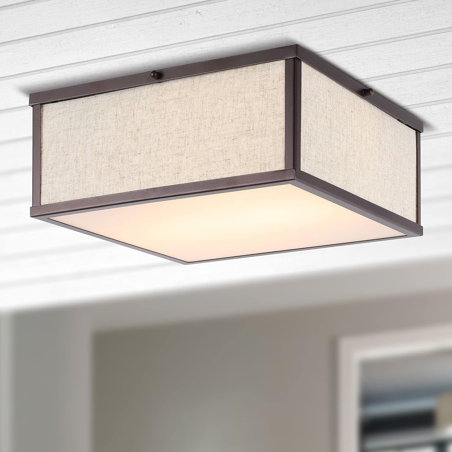 Eyely EYL1311A Lina 14.13" 2-Light Square Linen Iron LED Flush Mount, Farmhouse, Industrial, Coastal, Contemporary, Modern, Minimalist for Bedroom, Living Room, Office, Oil Rubbed Bronze