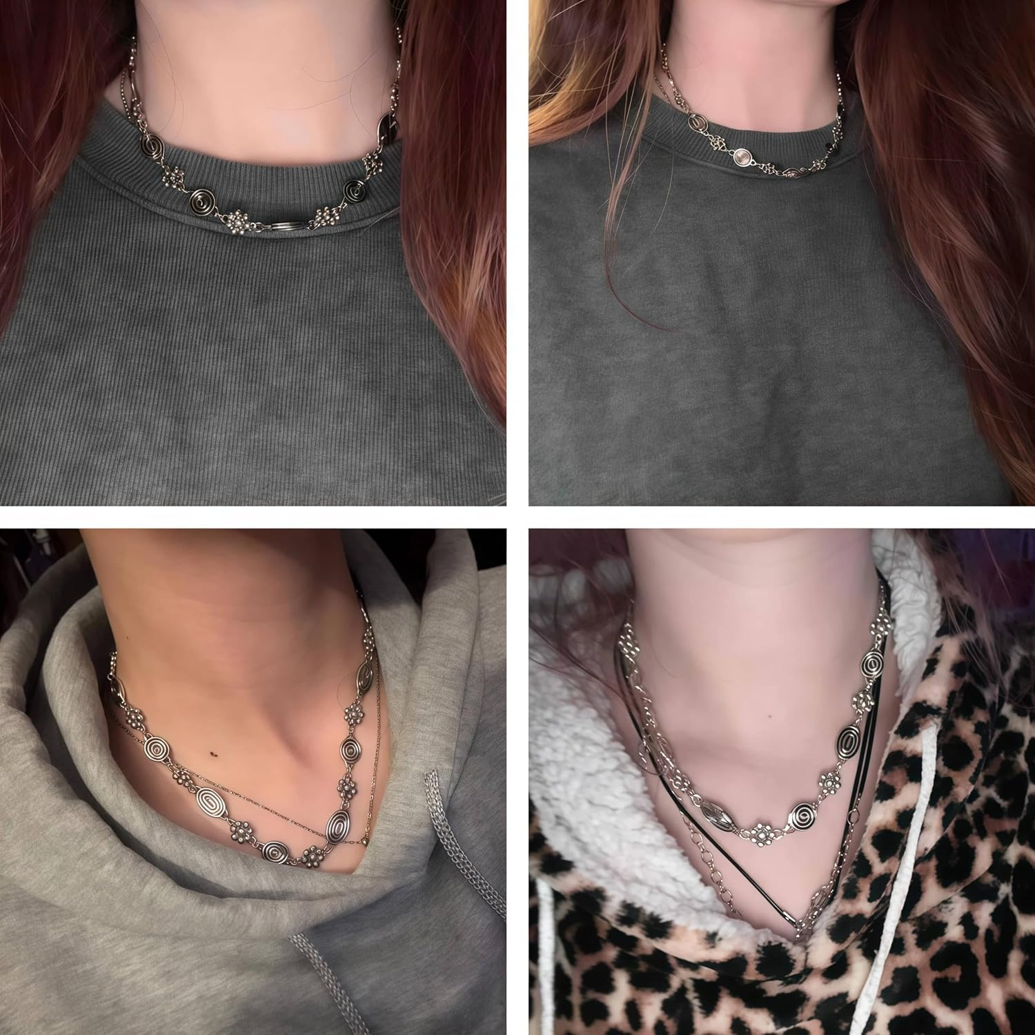 Boho Choker Spiral Beaded Necklace for Women Elegant Costume Jewelry Trendy Ethnic Style Texture Antique silver Metal Flowers Daily Wear