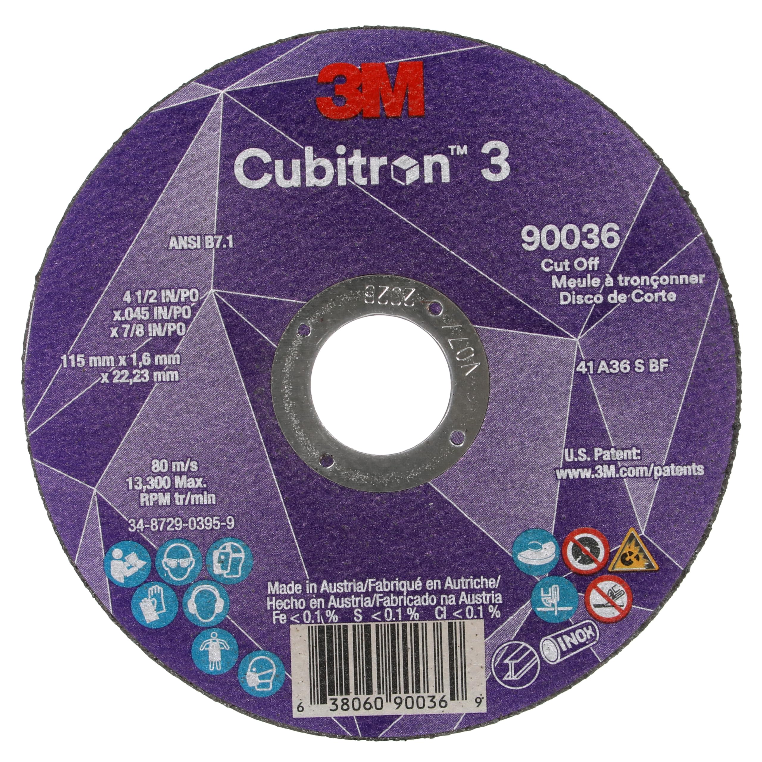 3M Cubitron 3 Cut-Off Wheel, 90036, 36+, T1, 4-1/2 in x 0.045 in x 7/8 in (115 x 1.6 x 22.23 mm), ANSI, Precision Shaped Grain, Autobody, Stainless Steel Tubing, Exhaust Pipes, 25 Discs per Carton