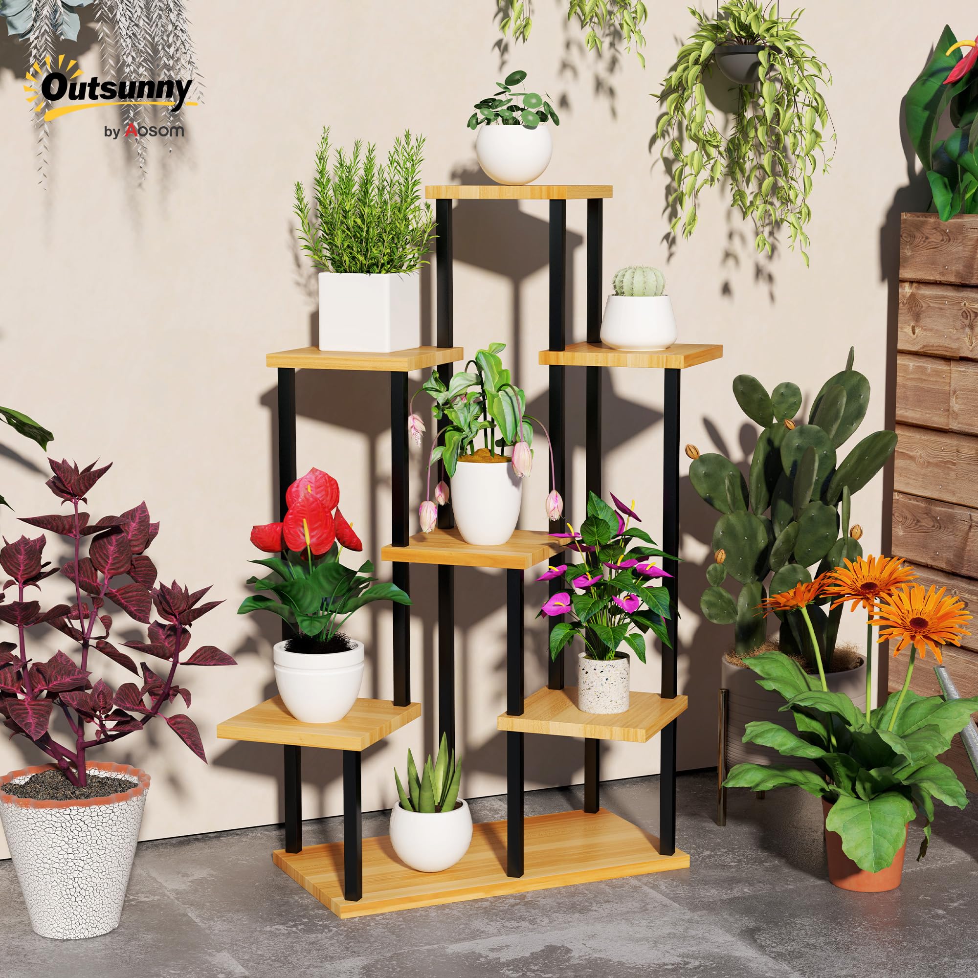 Outsunny Support à plantes à 7 niveaux pour intérieur et extérieur, étagère plante en acier et bois, porte plantes pour jardin, terrasse, balcon, salon, bois naturel