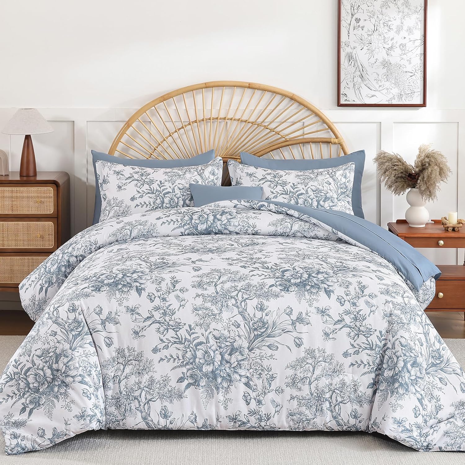 Dinjoy Queen Comforter Set - 8 Pieces Floral Comforter Set Grey, Bed in a Bag Queen with Botanical Print, Winter Soft Comforter Bedding Set with Sheets (Comforter 90"x90")