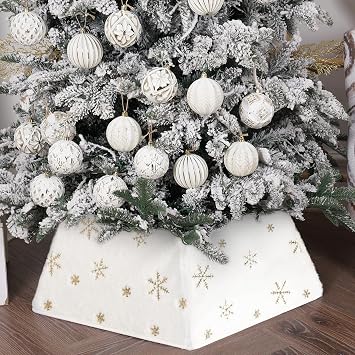 Christmas Tree Collars for Atificial Trees, 24 Inch Snowflake Christmas Skirt, Base Cover,Holiday Home Decor Ring Snow White, Medium