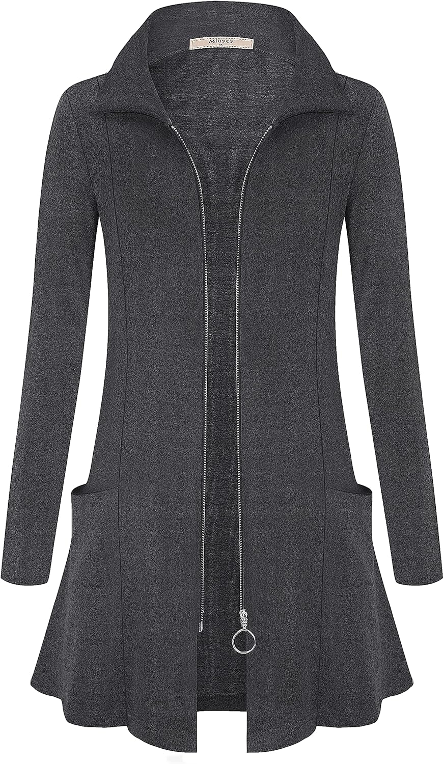 Miusey Womens Zip Up Tunic Sweatshirt Collar Neck Lightweight Long Jacket Cardigans - Image 2