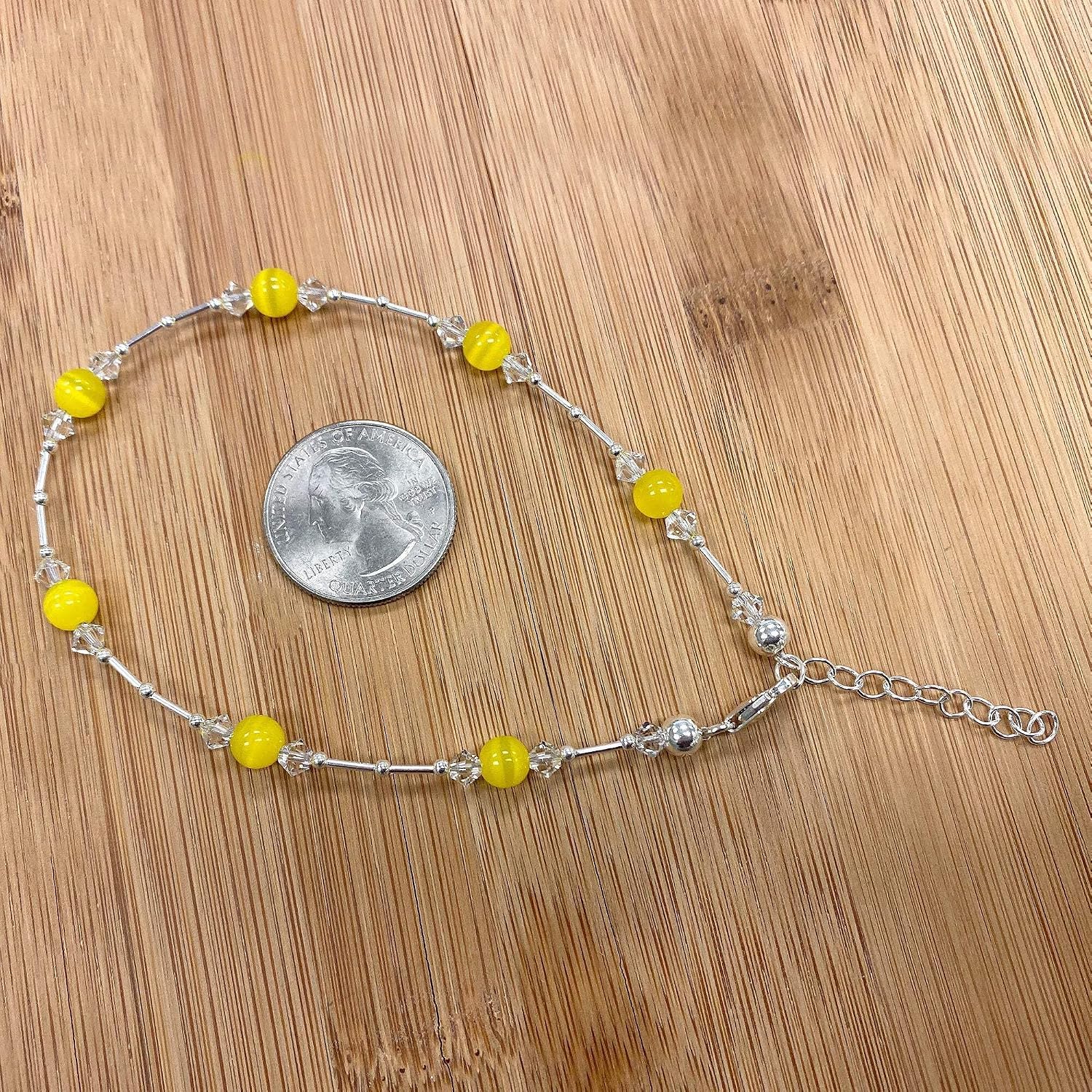Gem Avenue .925 Silver Anklet 9 to 10.5 Inch with Cat's Eye and Austrian Crystal