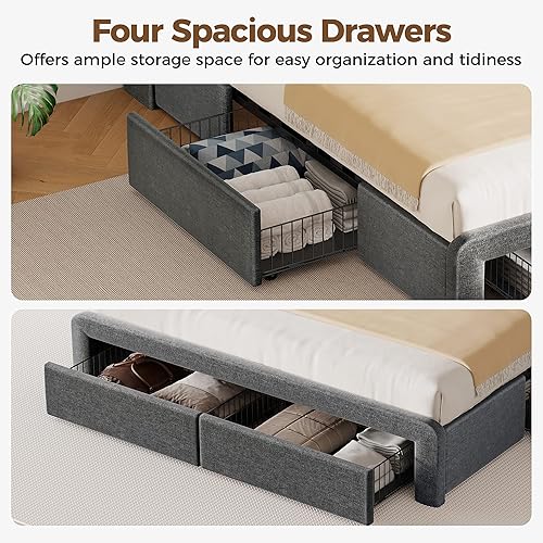 Vista 5 de Seventable Base de cama individual con cajones de almacenamiento y estación de carga, cama de plataforma tapizada con luz LED y cabecera de Gris