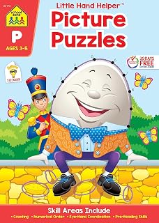 School Zone Picture Puzzles Workbook: 32 Pages, Preschool, Kindergarten, Dot-to-Dots, Hidden Pictures, Nursery Rhymes, Numbers 1-25, Stickers, Ages 3 to 5 (Little Hand Helper Book Series)