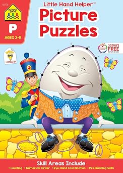 School Zone Picture Puzzles Workbook 32 Pages, Preschool, Kindergarten, Dot-to-Dots, Hidden Pictures, Nursery Rhymes, Numbers 1-25, Stickers, Ages 3 to 5 Little Hand Helper Book Series