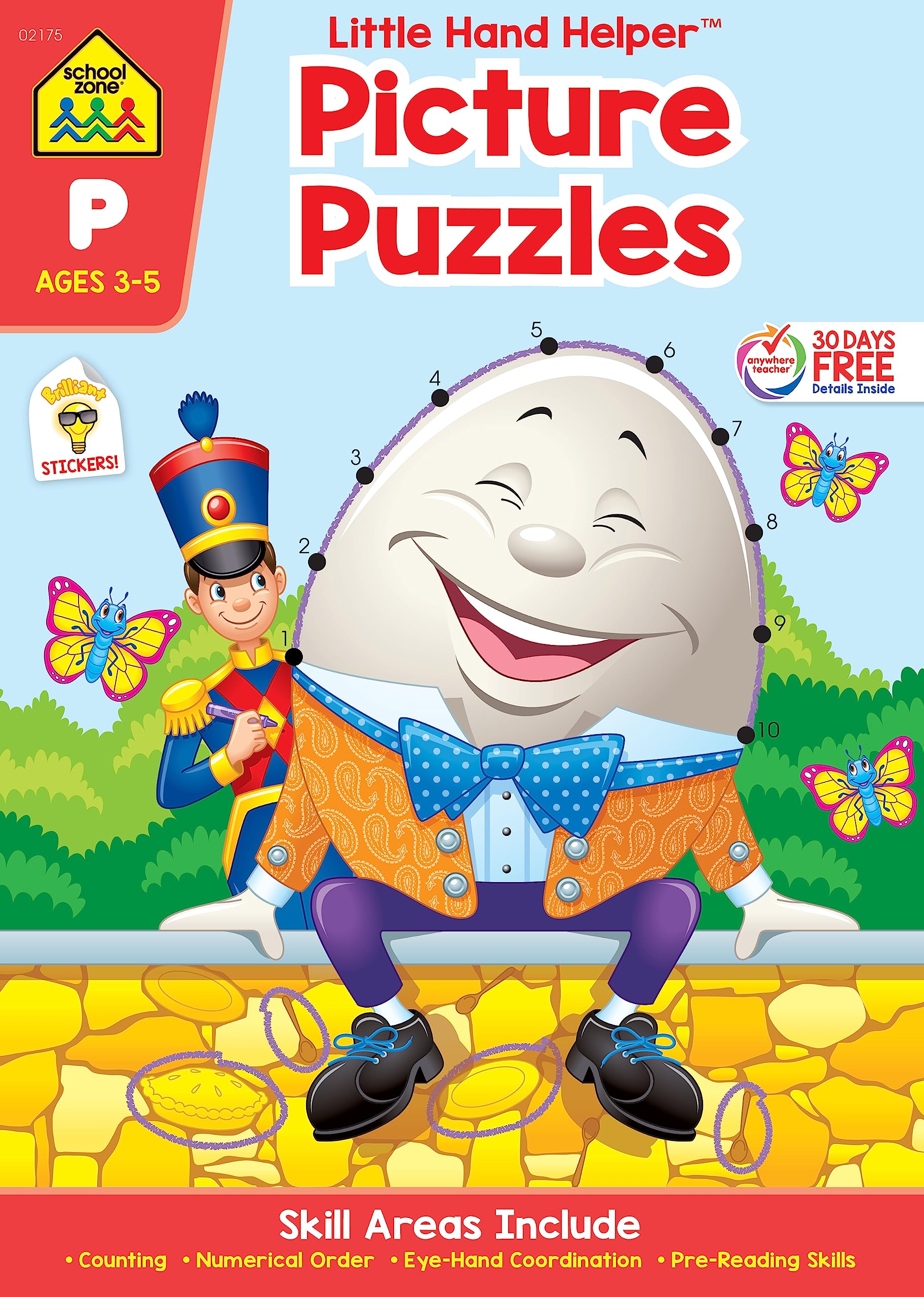 School Zone Picture Puzzles Workbook: 32 Pages, Preschool, Kindergarten, Dot-to-Dots, Hidden Pictures, Nursery Rhymes, Numbers 1-25, Stickers, Ages 3