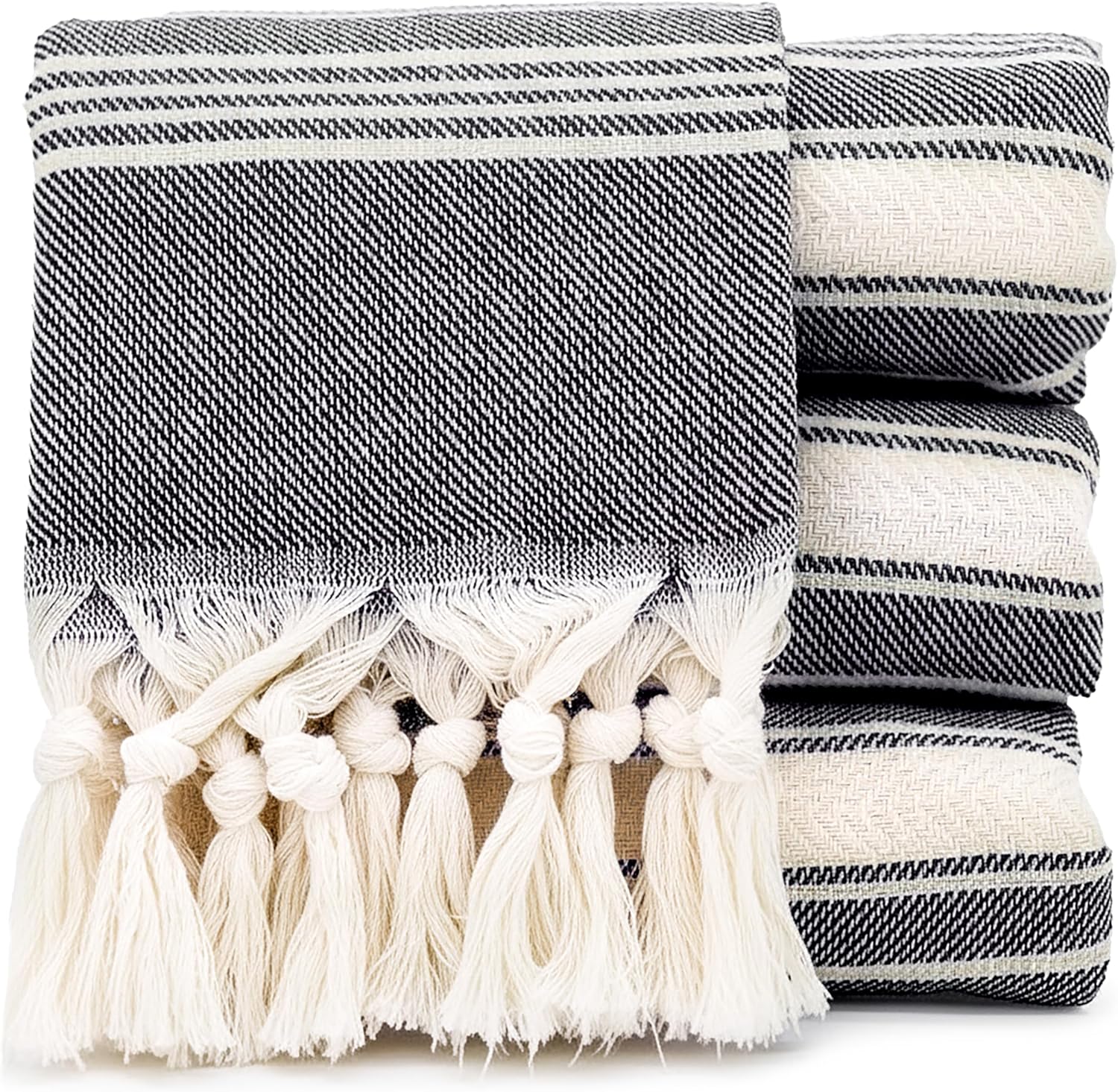 Bazaar Anatolia Hand Towels - Set of 4 | 39" x 19" - Decorative Turkish Hand Towel for Bathroom, 100% Cotton, Kitchen, Face, Hair, Tea, Dishcloth, Bathroom Hand Towels - Stripe Black