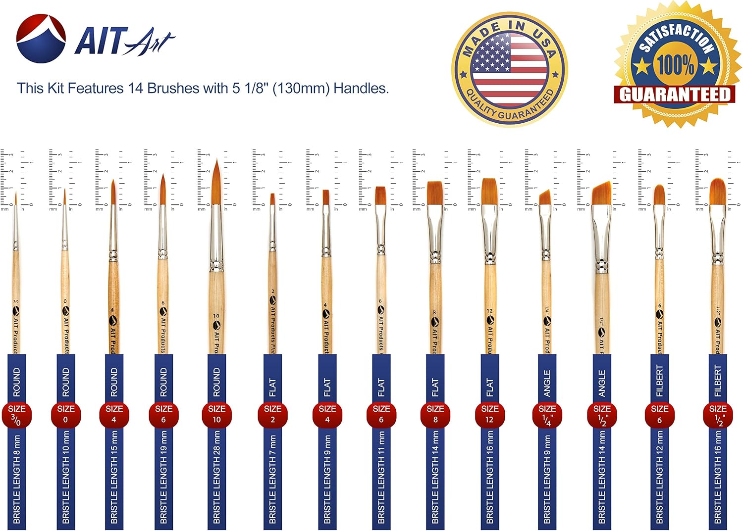 AIT Art Paint Brush Set - 14 Paint Brushes - Rounds, Flats, Angle Shaders, and Filberts - Handmade in USA for Trusted Performance with Oil, Acrylic, and Watercolor