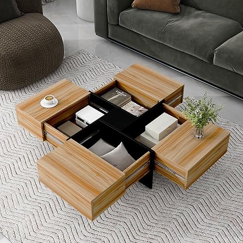 Miniatura 12 de LUMISOL Mesa de centro cuadrada con mesa deslizante extensible, mesa de cóctel con 4 compartimentos de almacenamiento ocultos, mesa central de alto
