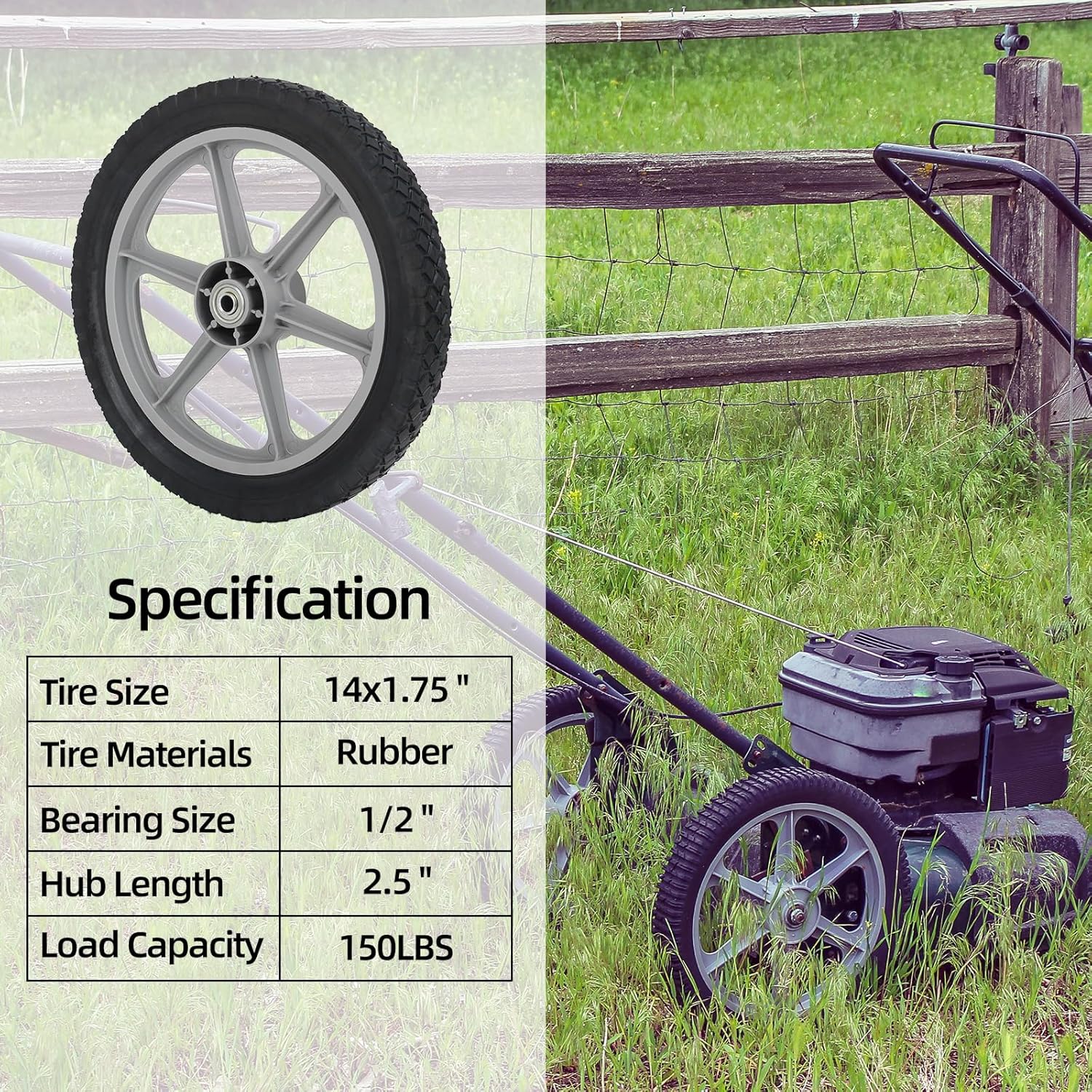 GICOOL 14 x 1.75'' Rubber Tire and Plastic Spoke Wheel, 2.5" Hub Length, 1/2" Axle Bore, for Lawn mower Trolley Dolly Wheel Replacement, 2 Pack