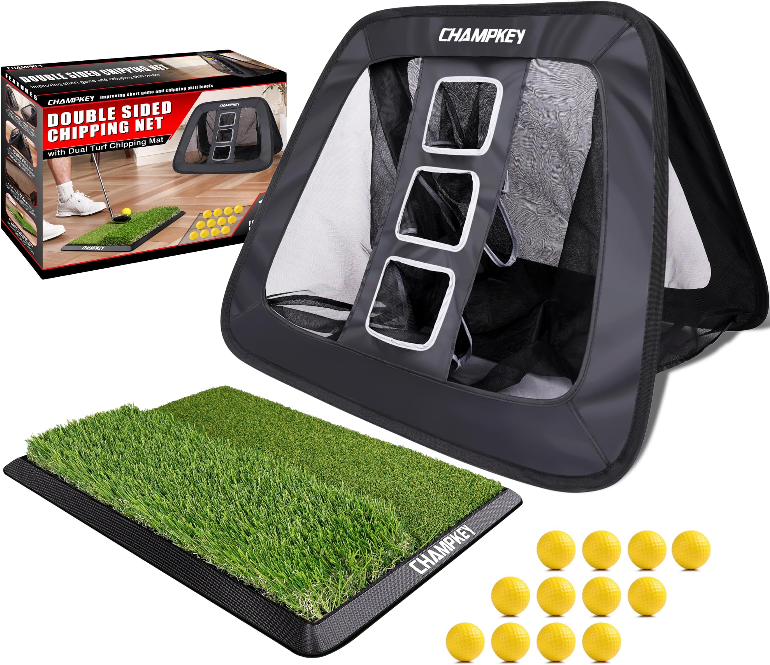 CHAMPKEY Double -Sided Golf Chipping Net with Mat and 12 Foam Balls - Professional Golf Practice Net Ideal for Indoor and Outdoor Training