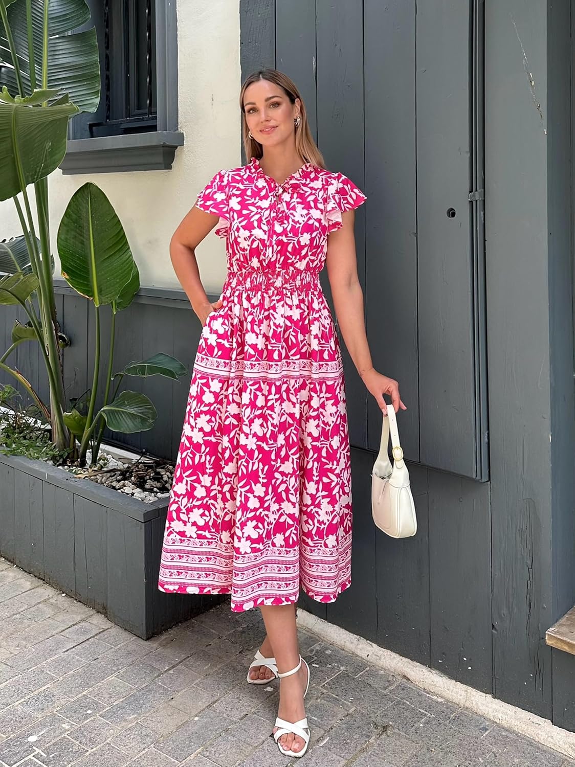 GRACE KARIN Women's Floral Boho Dress Hawaiian Dresse Short Sleeve V Neck Summer Beach Wedding Guest Swing Maxi Sundress - Image 3