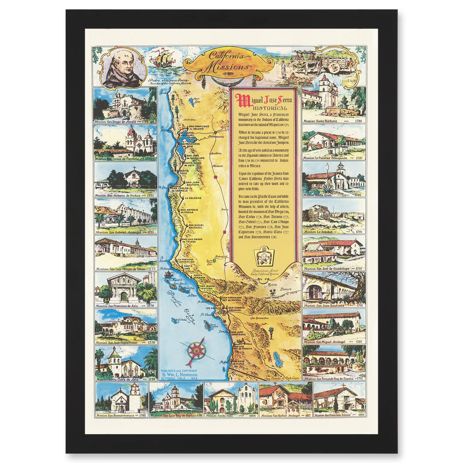 Artery8 Pictorial Map Putnam 1949 California Missions History Artwork Framed Wall Art Print A4
