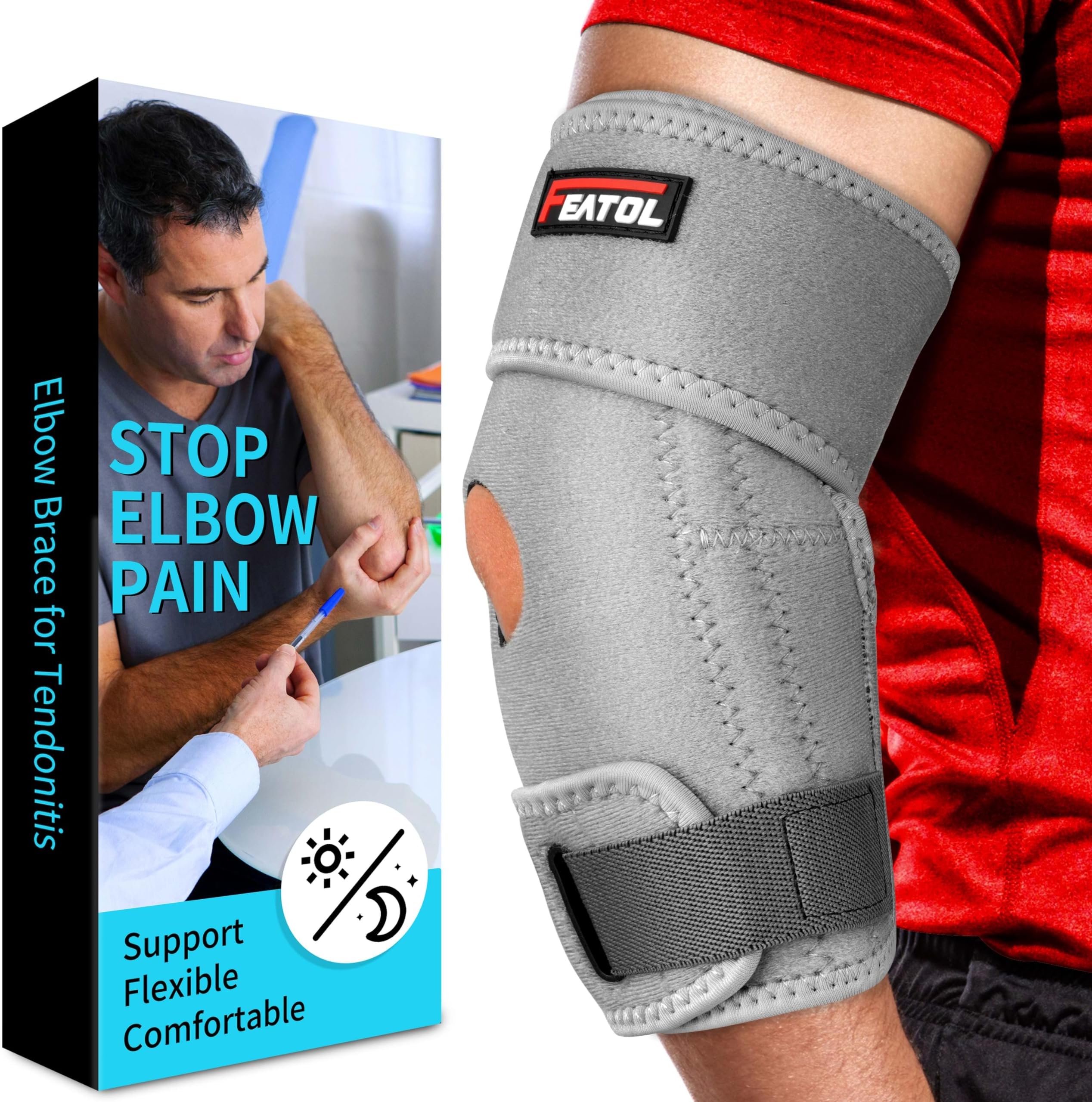 FEATOL Elbow Brace for Tendonitis and Tennis, Adjustable Golfers Elbow Brace for Men and Women, Pain Relief for Cubital Tunnel Syndrome, Bursitis, Ulnar Nerve Entrapment (Gray, Small)