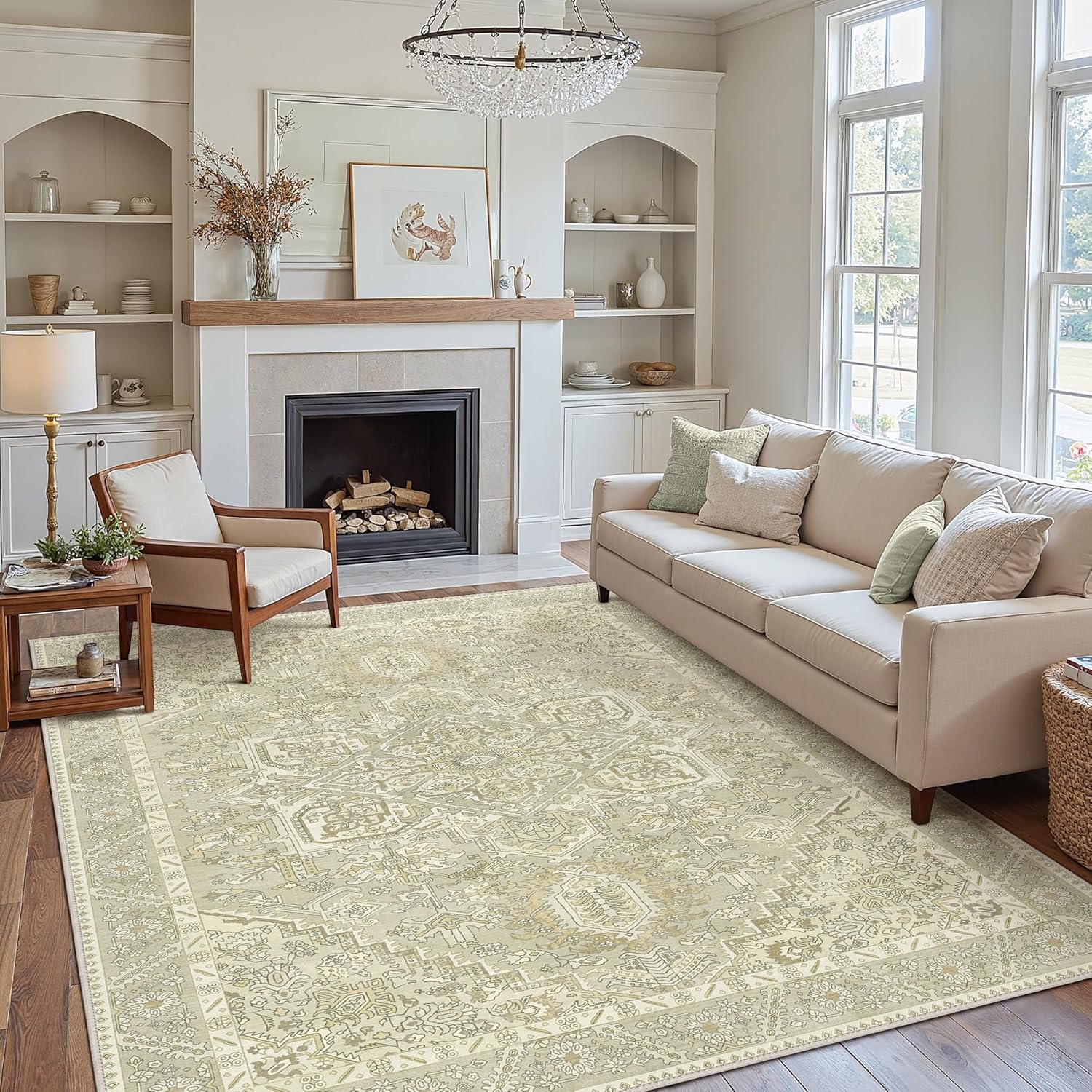 5x7 Area Rug Machine Washable Boho Rug for Living Room,Ultra-Thin Low Pile Carpet,Lightweight Indoor Printed Rug,Non Slip Floral Area Rug for Bedroom, Dining Room, Home Office,Taupe
