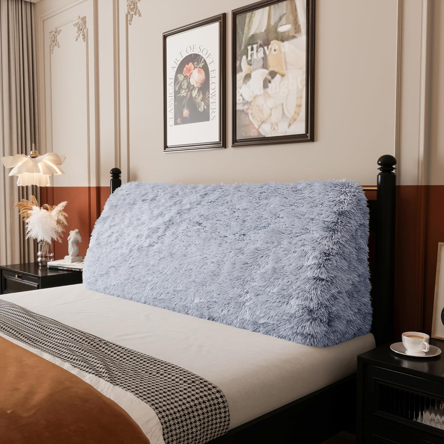 Bed Wedge Pillow Headboard - Bedroom Reading Pillow Back Support While Sitting in Bed - Ergonomic Lumbar Pillow Body Positioning Bed Pillow - Gray Blue Printed Rabbit Fur 76IN