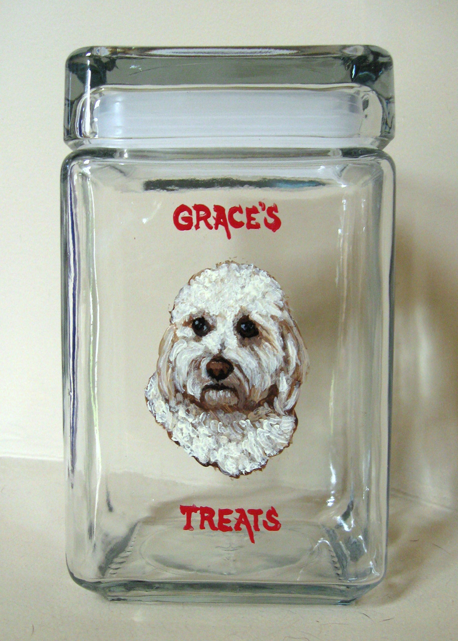 Goldendoodle Dog, Pet Treat Jar, Biscuit Container, Pet Supplies, Portrait, Custom Kitchen Canister, Hand Painted Glass Container