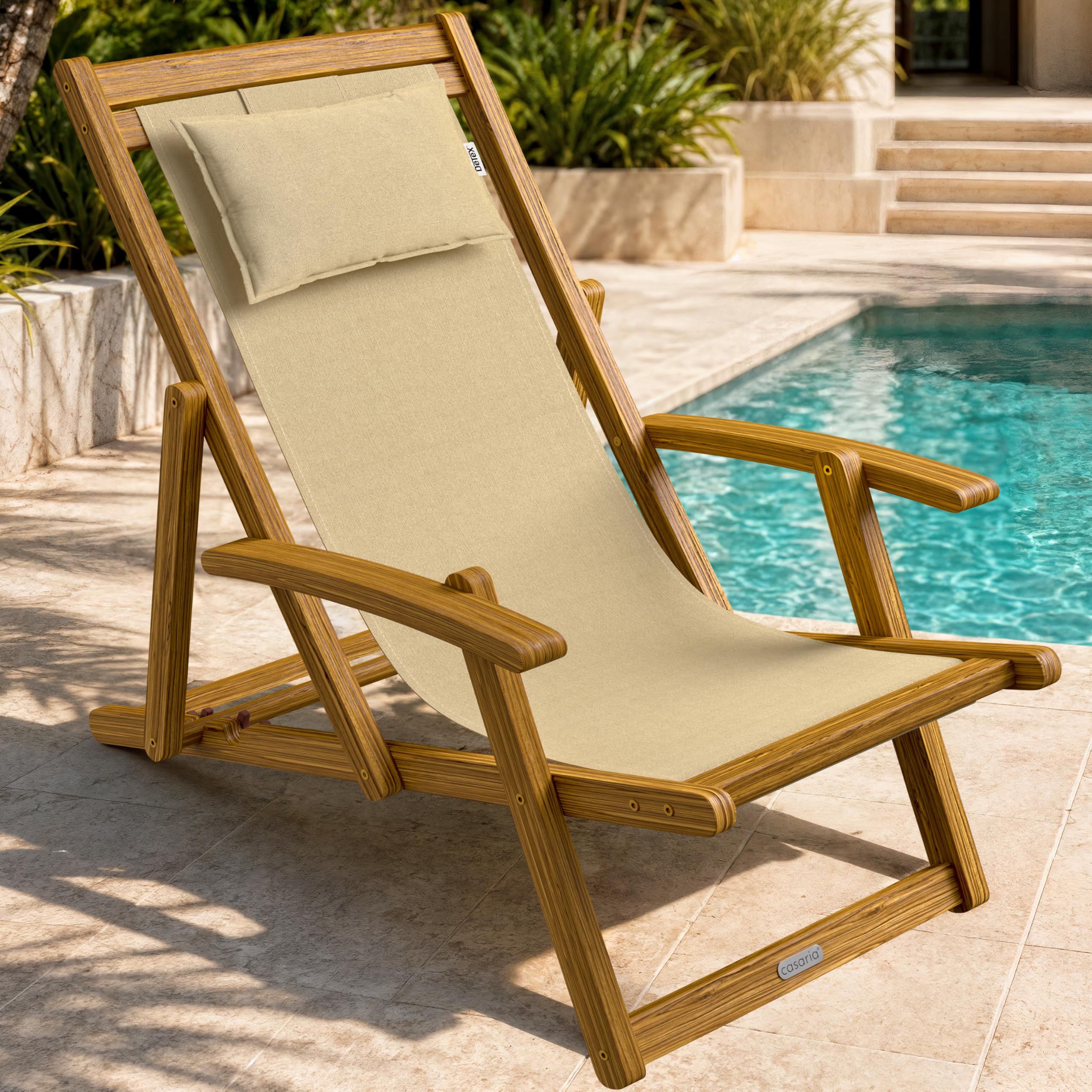 CASARIA® Tumbona Silla de Madera de Acacia Plegable 3 Posiciones Carga 160KG 94x94x60cm Sillas Jardín Playa Transpirable Hamaca Mueble Camping Exterior Beige Reposabrazos